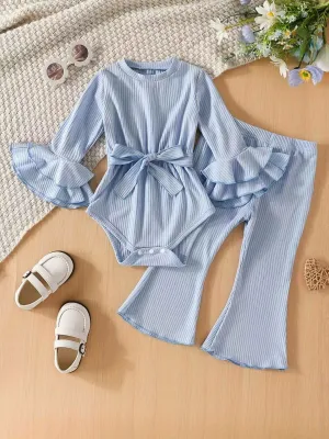 1-12M Baby Girls Stylish Ruffle Long Sleeve Bow Romper & Bell Bottoms Pants