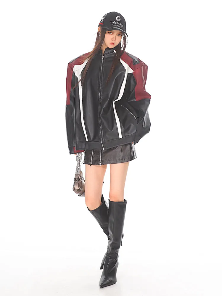 【24s Oct.】Black and Red Contrast Leather Motorcycle Jacket