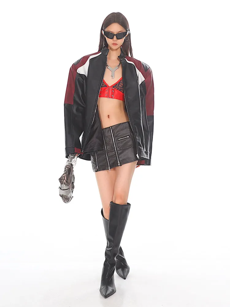 【24s Oct.】Black and Red Contrast Leather Motorcycle Jacket