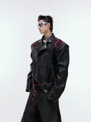 【24s Sep.】Pleated Spine Graphic Cropped Leather Biker Jacket