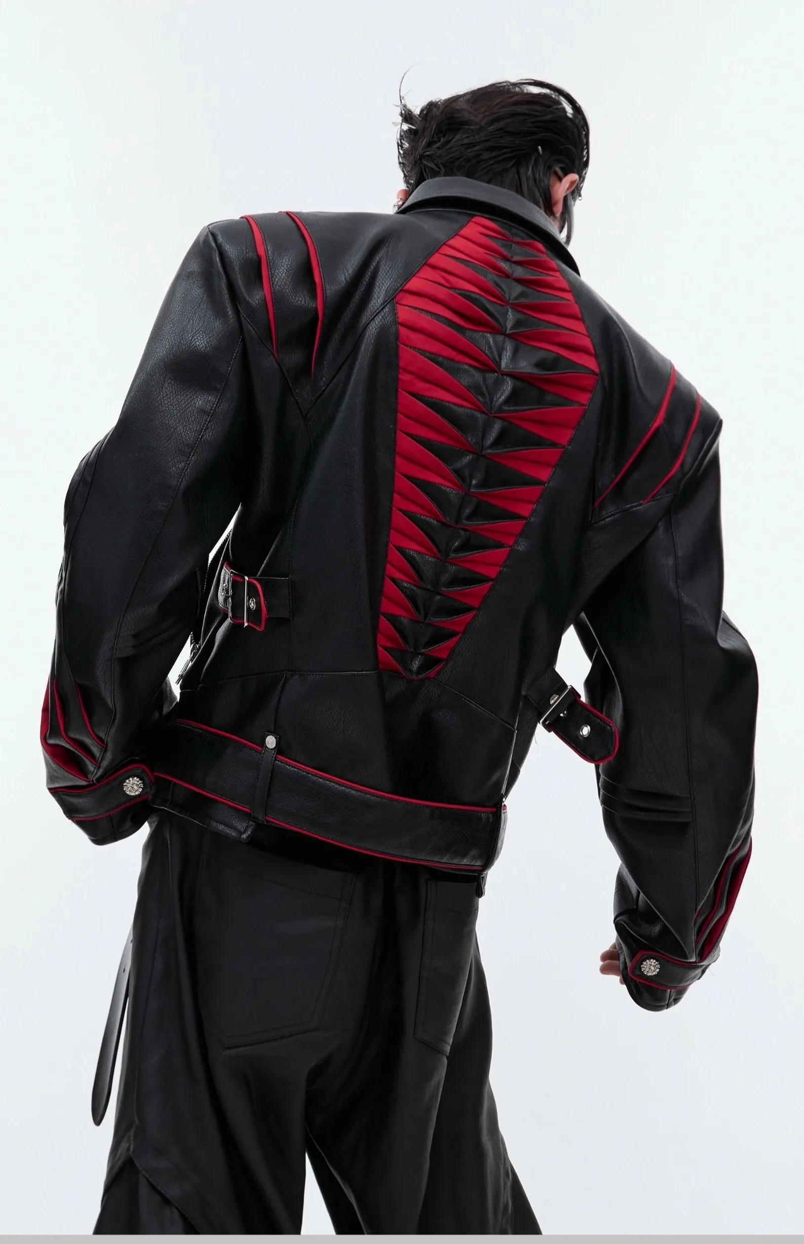 【24s Sep.】Pleated Spine Graphic Cropped Leather Biker Jacket