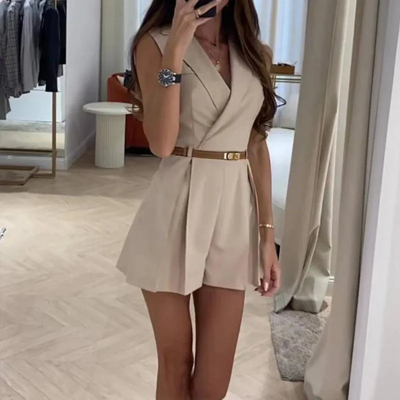 Advbridge -  Office Elegant Turn-down Collar Blazer Romper Women Casual Sleeveelss Waist Solid Shorts Jumpsuit 2024 Fashion Draped Playsuits