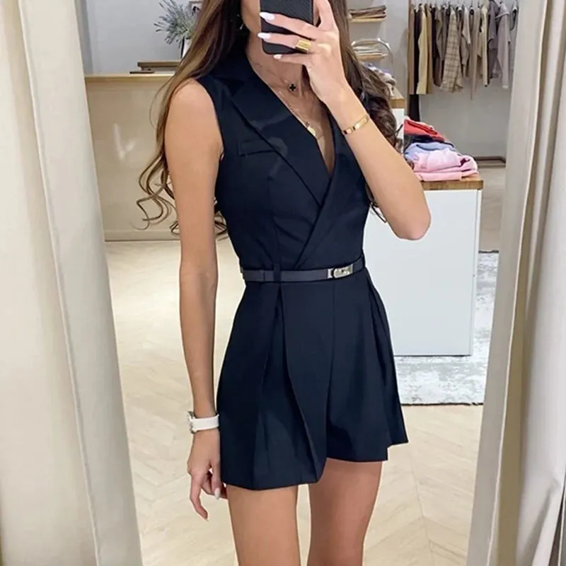 Advbridge -  Office Elegant Turn-down Collar Blazer Romper Women Casual Sleeveelss Waist Solid Shorts Jumpsuit 2024 Fashion Draped Playsuits