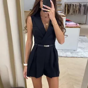 Advbridge -  Office Elegant Turn-down Collar Blazer Romper Women Casual Sleeveelss Waist Solid Shorts Jumpsuit 2024 Fashion Draped Playsuits