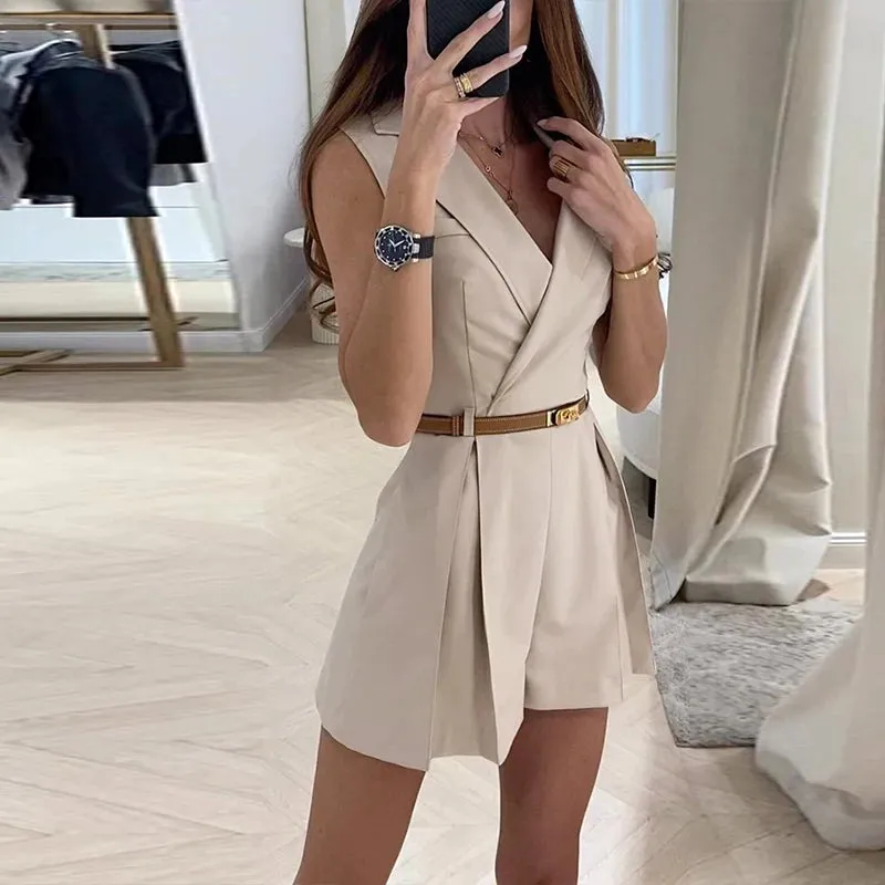 Advbridge -  Office Elegant Turn-down Collar Blazer Romper Women Casual Sleeveelss Waist Solid Shorts Jumpsuit 2024 Fashion Draped Playsuits