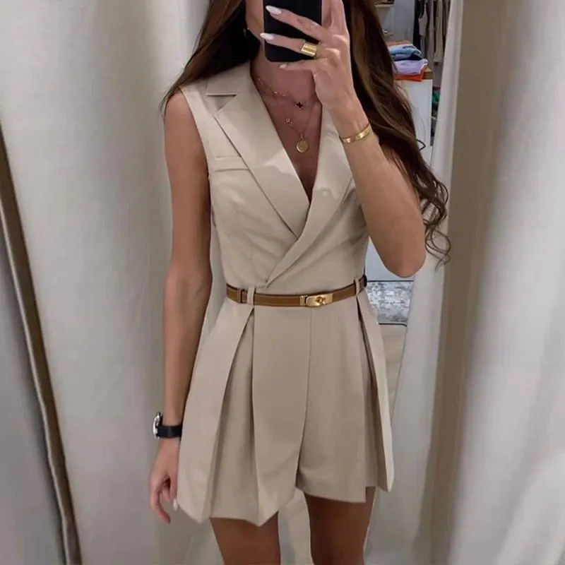 Advbridge -  Office Elegant Turn-down Collar Blazer Romper Women Casual Sleeveelss Waist Solid Shorts Jumpsuit 2024 Fashion Draped Playsuits