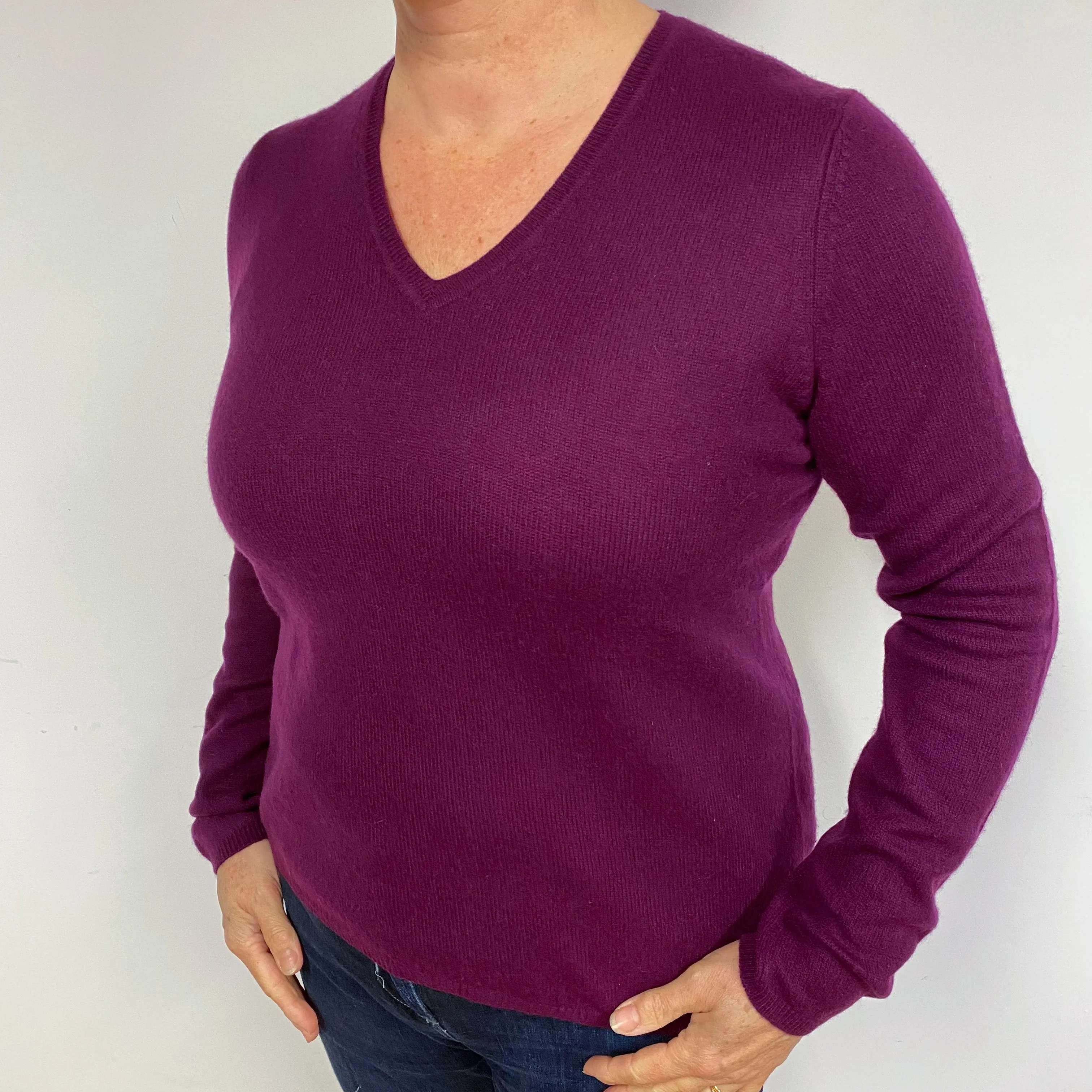 Aubergine Purple Cashmere V-Neck Jumper Large