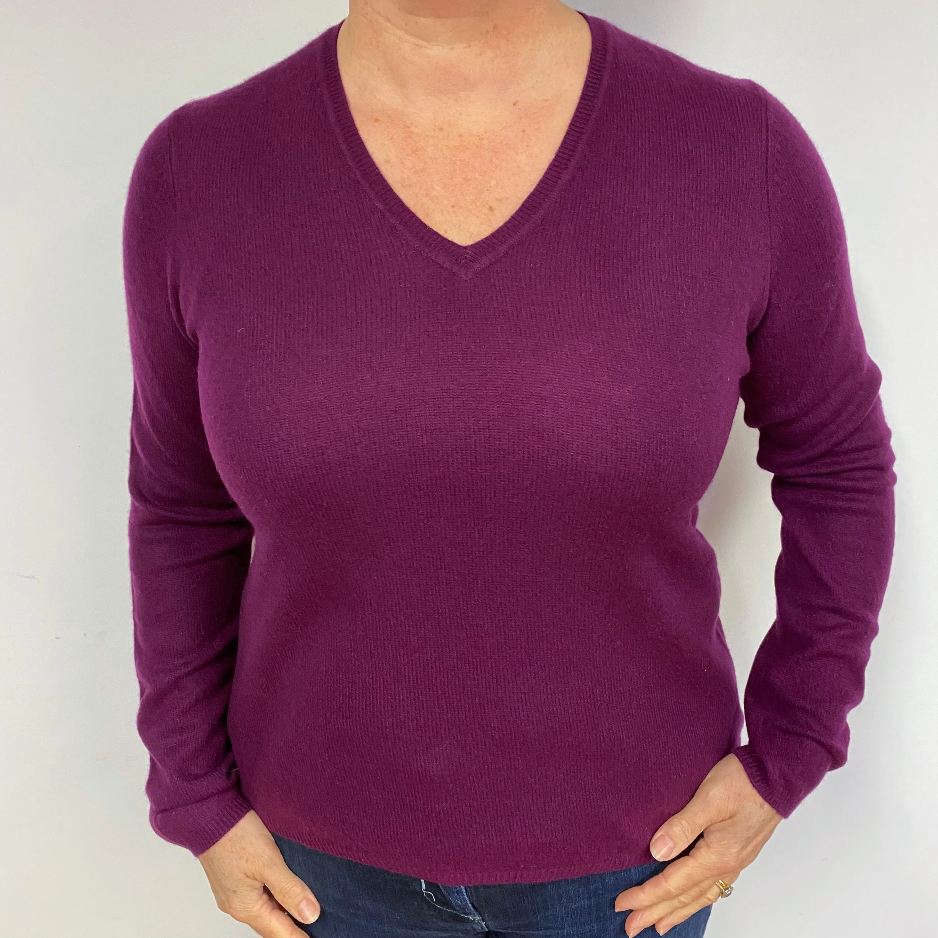 Aubergine Purple Cashmere V-Neck Jumper Large