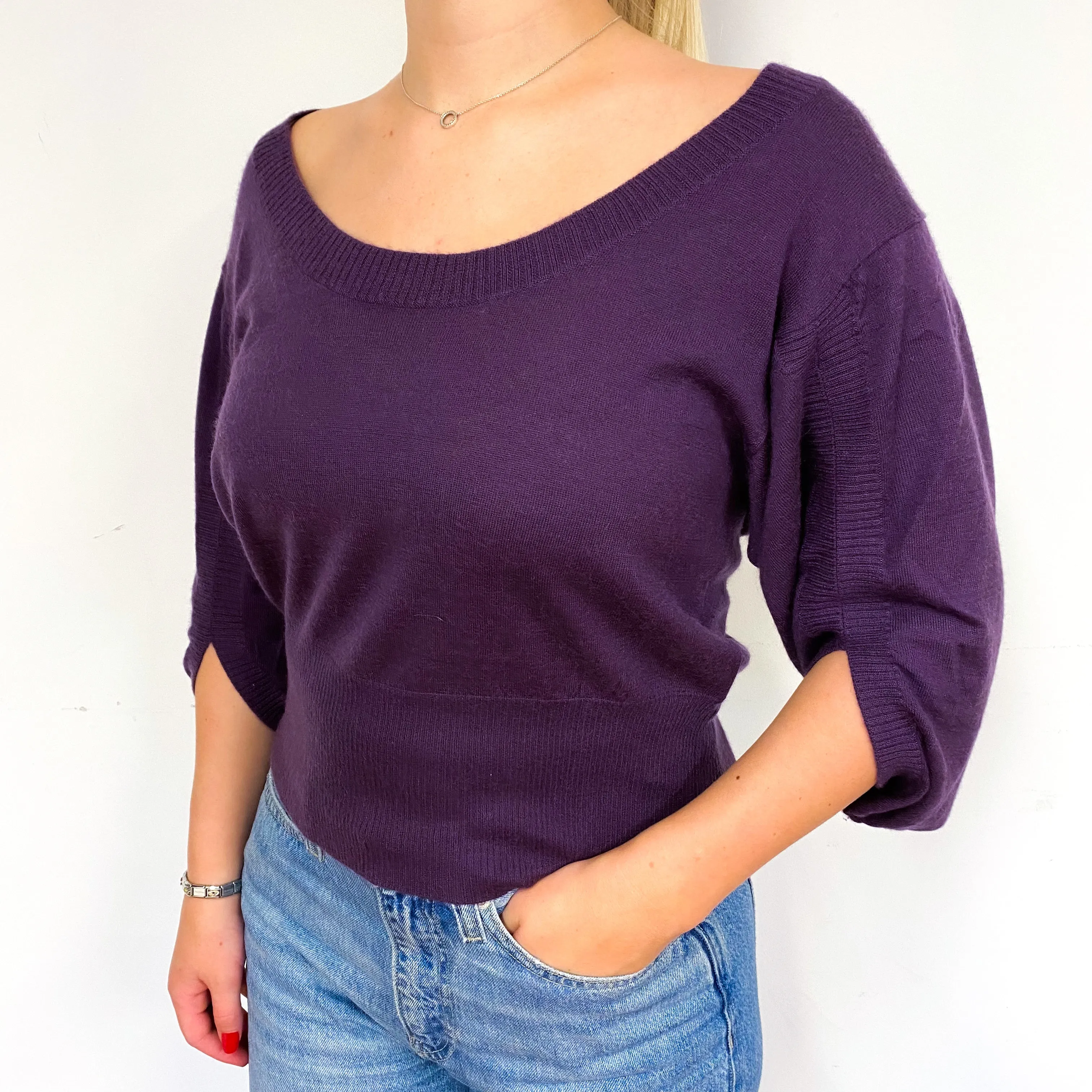 Aubergine Purple Cashmere Wide Scoop Neck Jumper Small