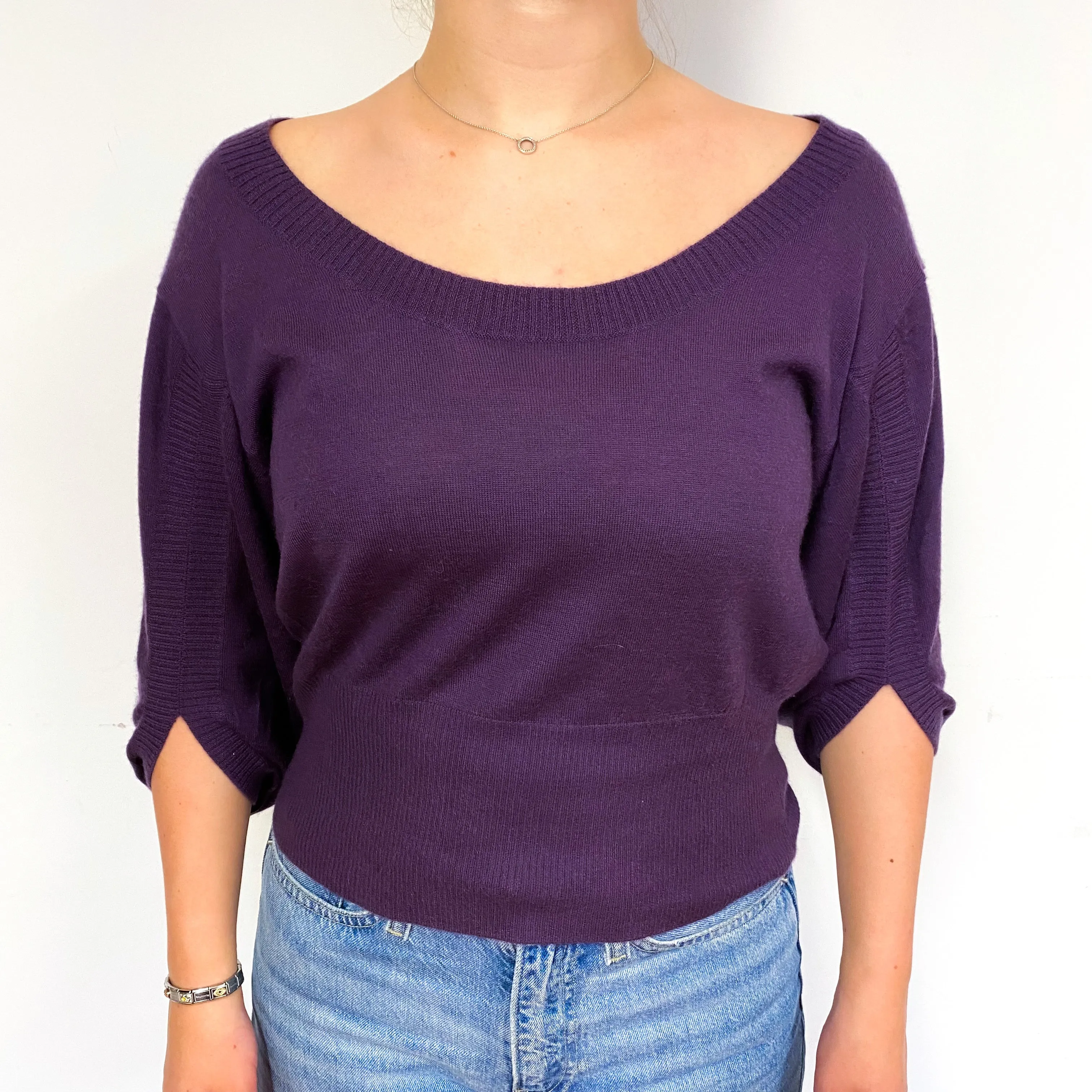 Aubergine Purple Cashmere Wide Scoop Neck Jumper Small