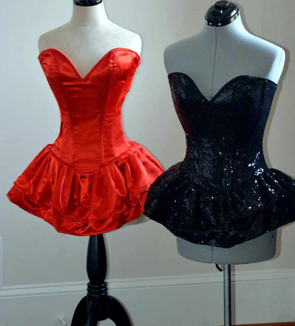 Authentic corset dress with fluffy skirt, black sequins or satin fabric.