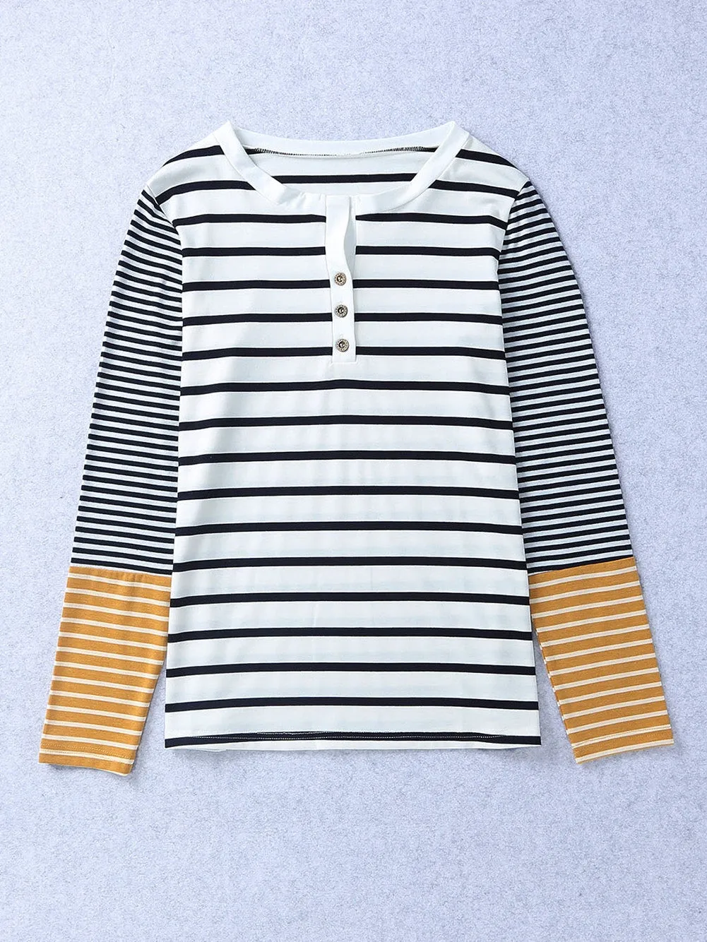 Autumn Striped Henley Top with Button Detail