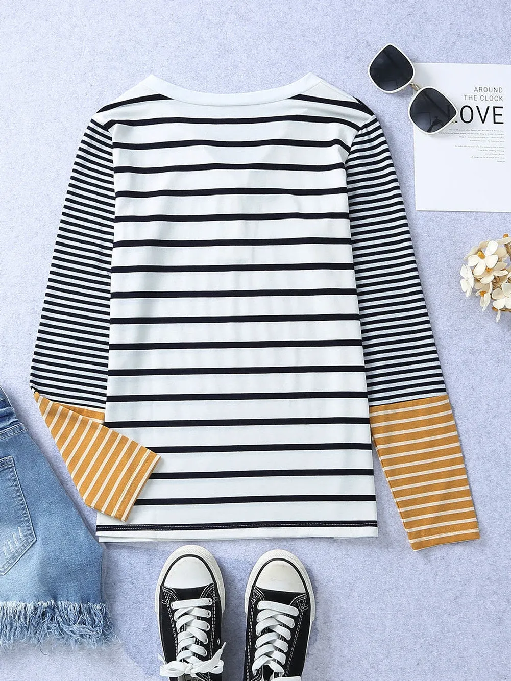 Autumn Striped Henley Top with Button Detail