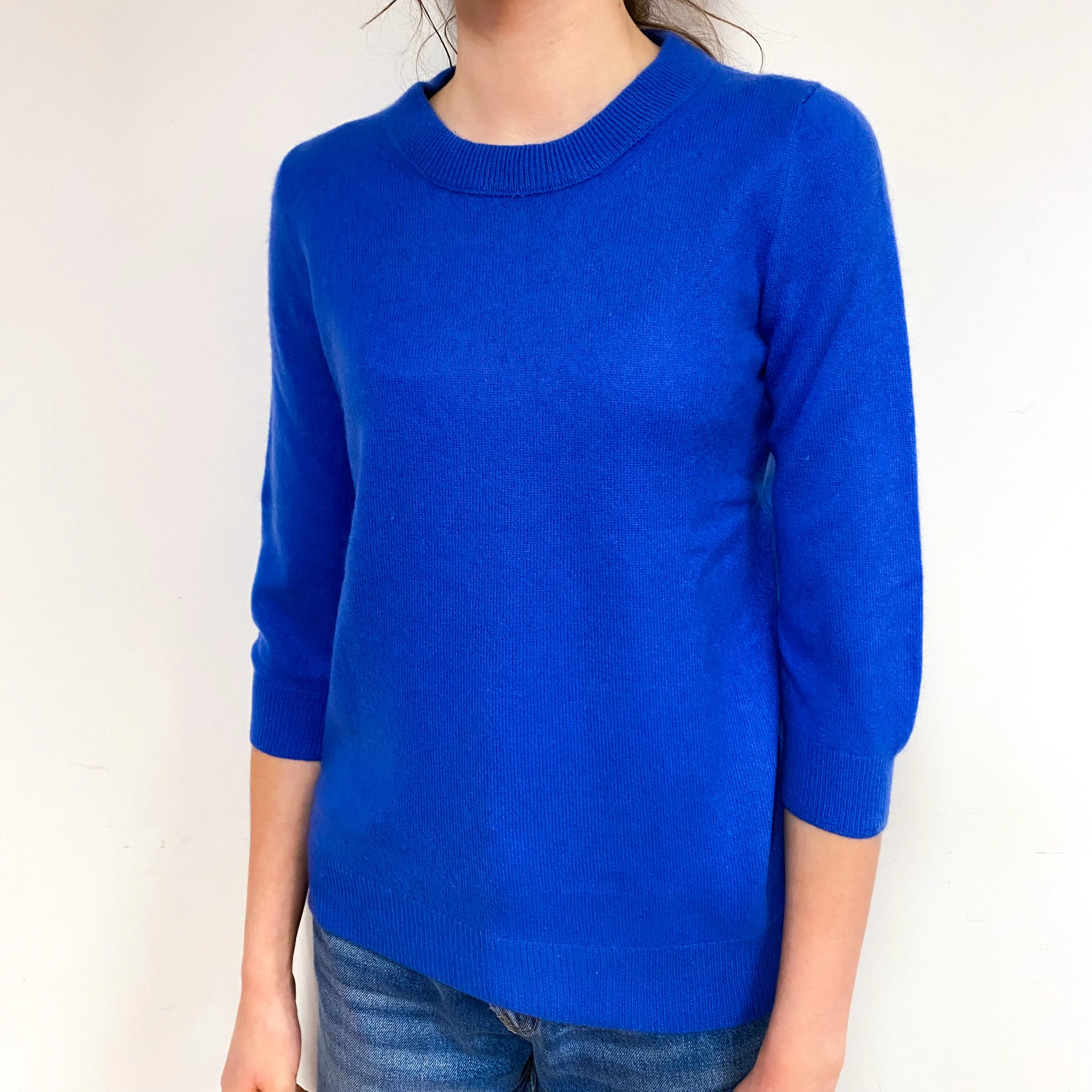 Azure Blue 3/4 Sleeve Cashmere Crew Neck Jumper Extra Small