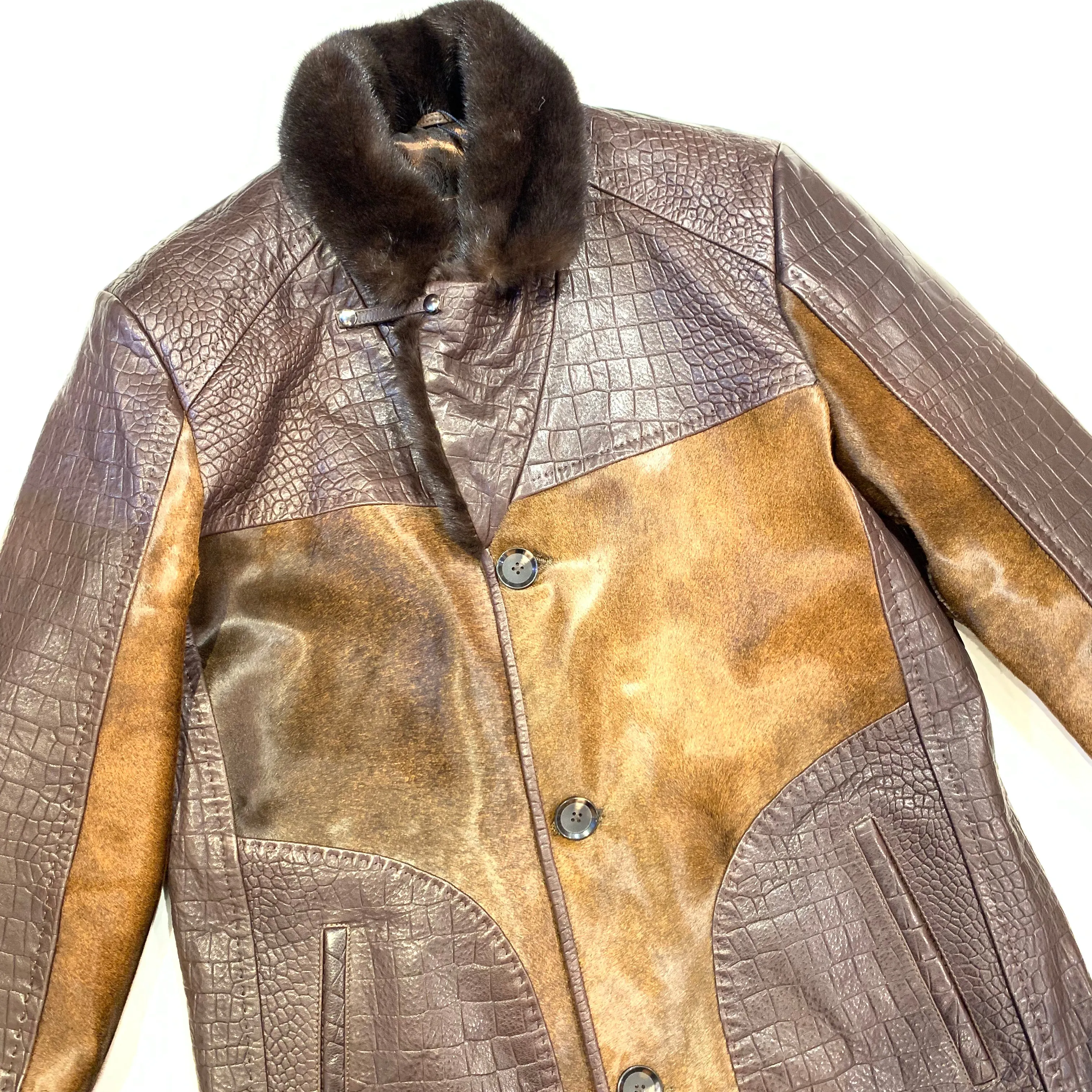 Barya NewYork Brown Pony Hair/ Lambskin Mink Collar Peacoat