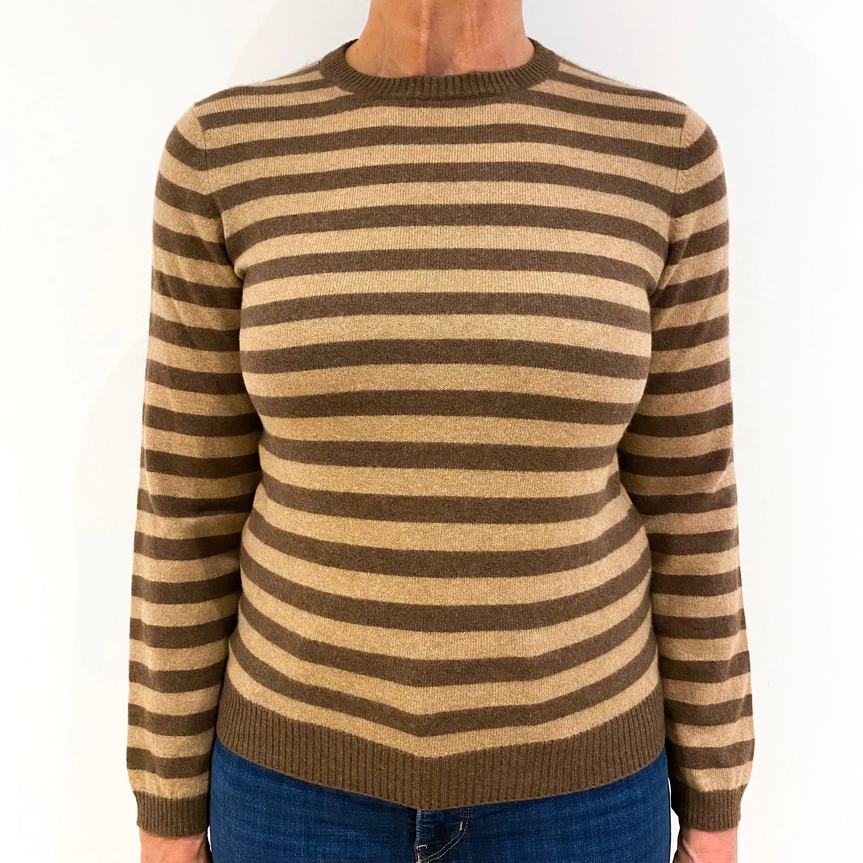 Beige Brown Striped Cashmere Crew Neck Jumper Medium