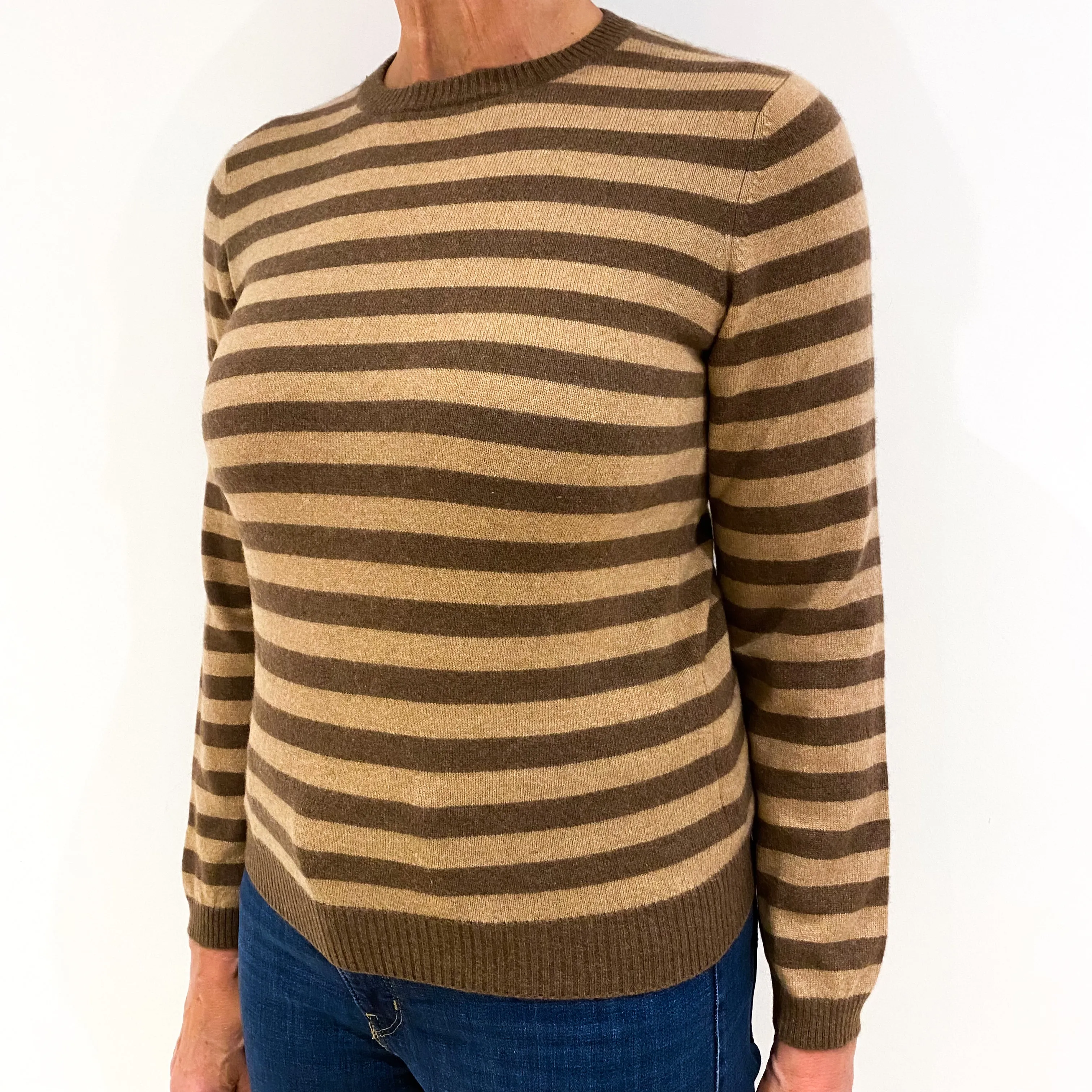 Beige Brown Striped Cashmere Crew Neck Jumper Medium