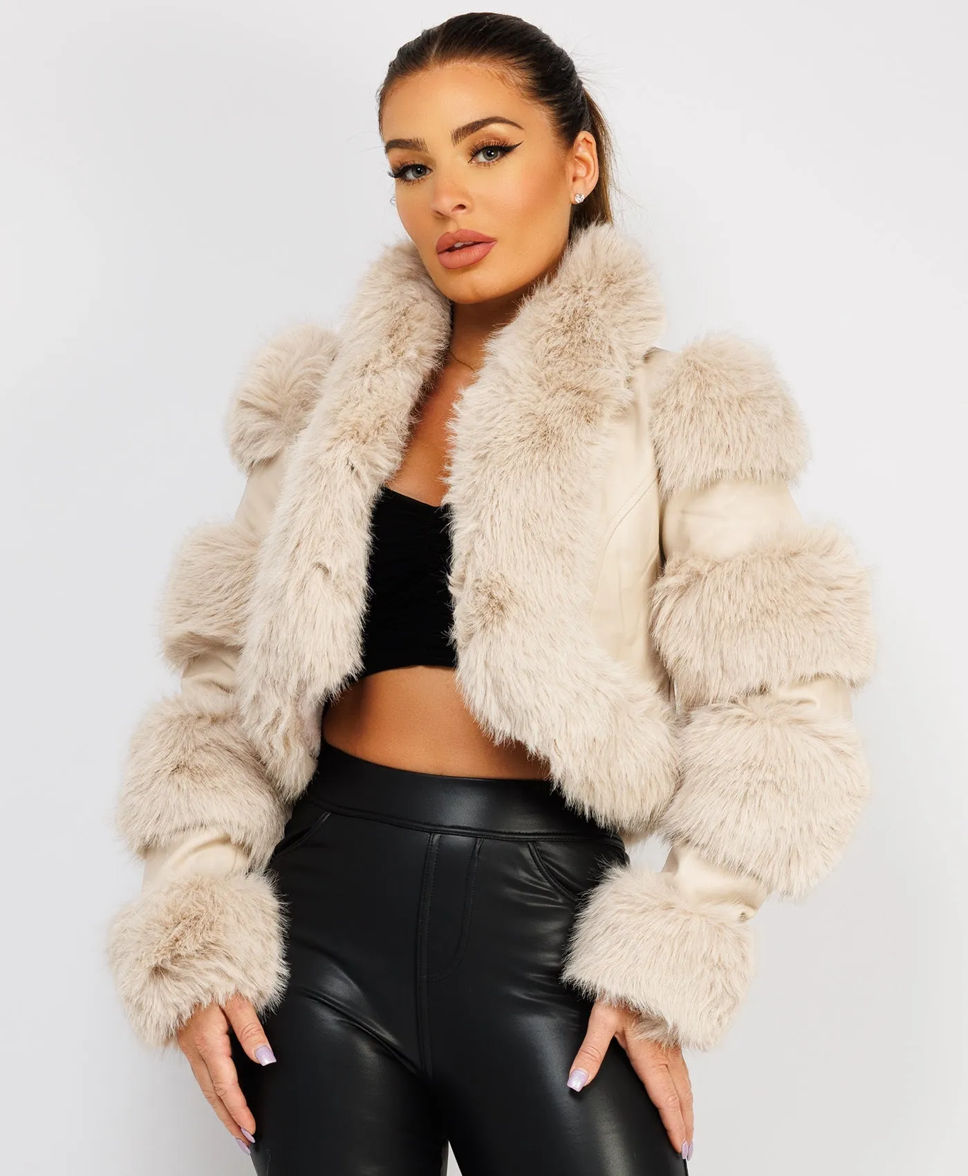 Beige Cropped Faux Fur Vegan Leather Coat Jacket