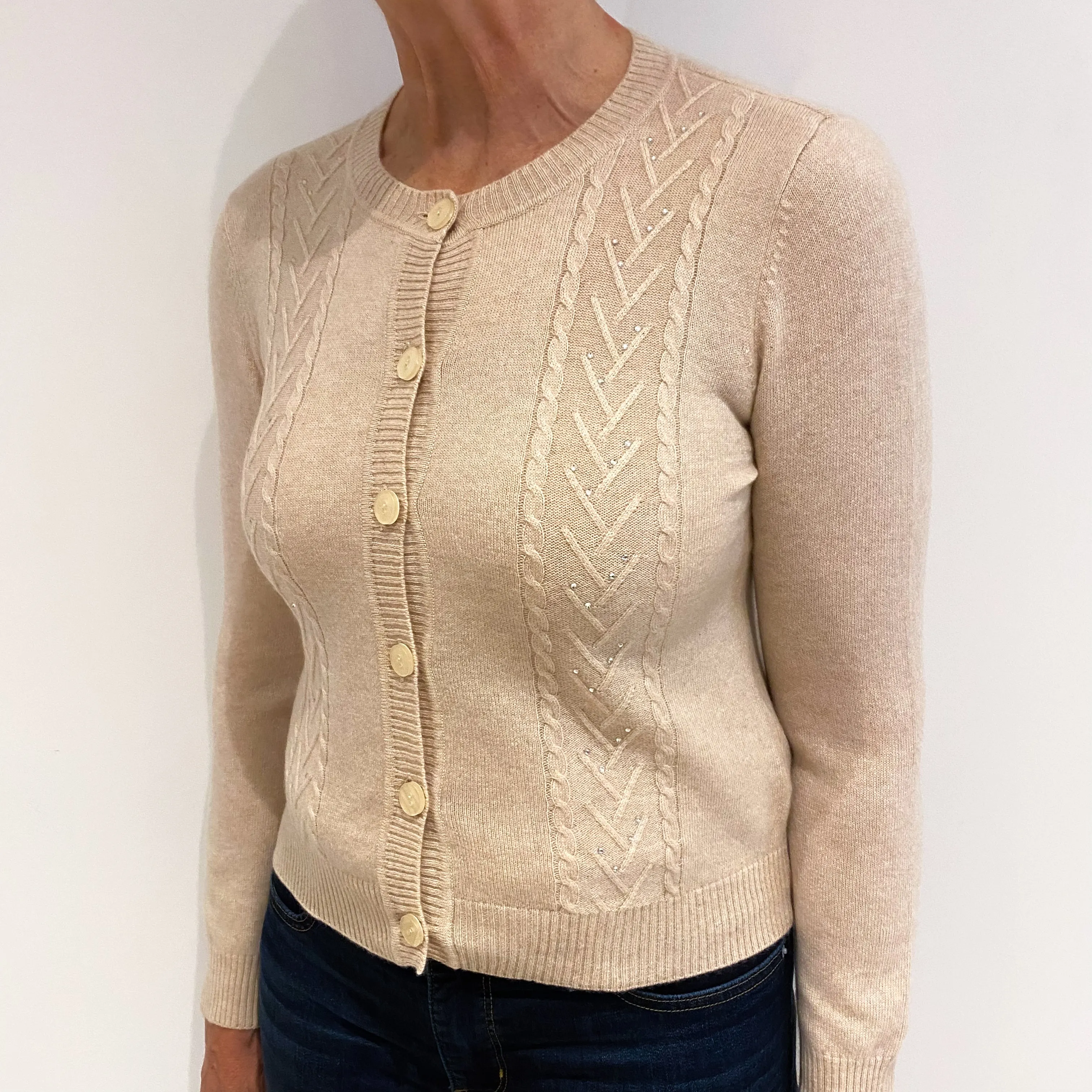 Beige Diamanté Embellished Cashmere Crew Neck Cardigan Medium