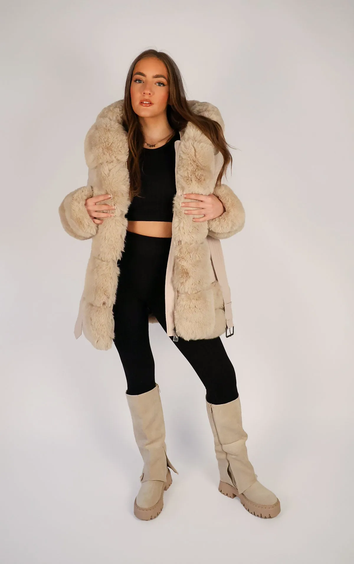 Beige Faux Fur Trim Puffer Hooded Coat