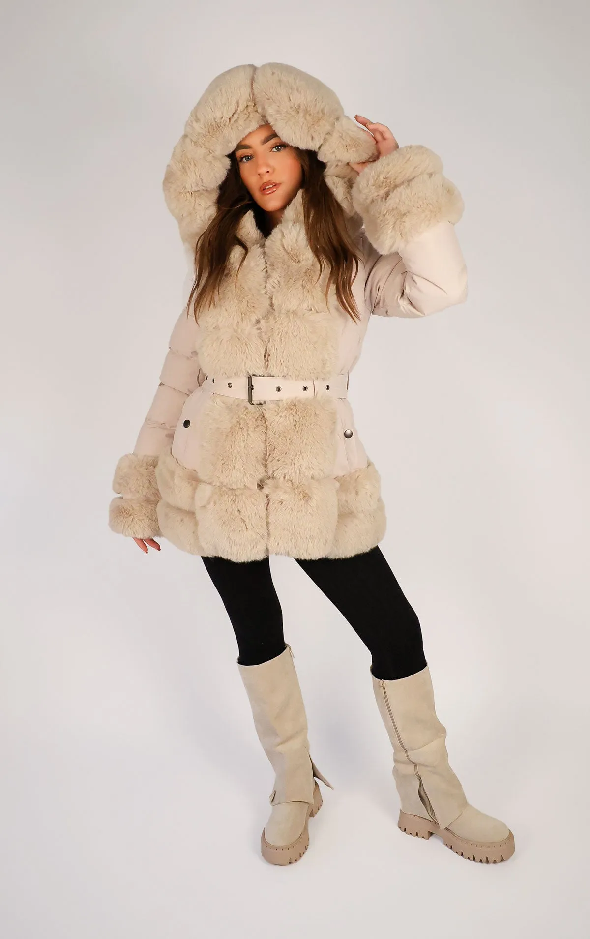 Beige Faux Fur Trim Puffer Hooded Coat