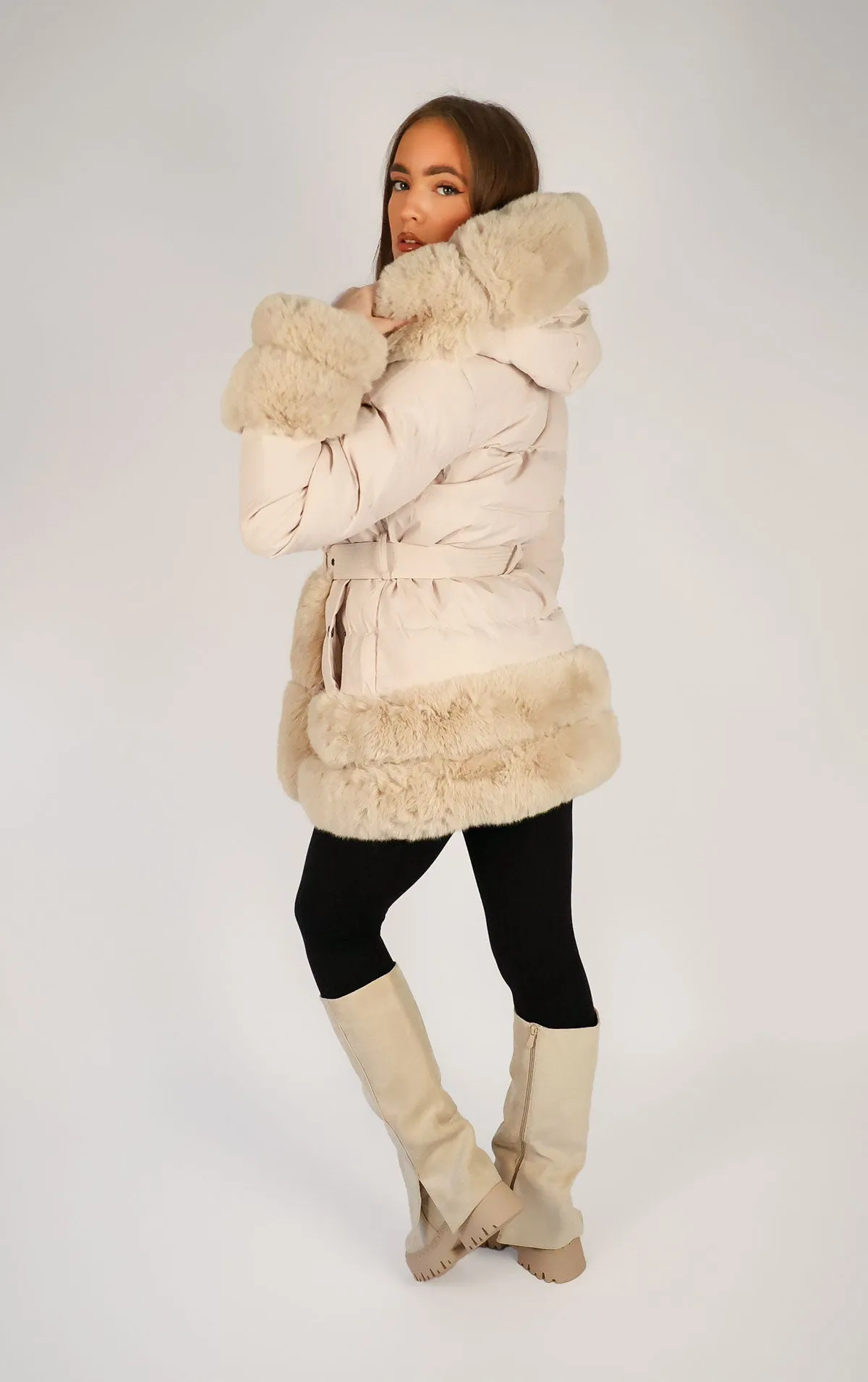 Beige Faux Fur Trim Puffer Hooded Coat