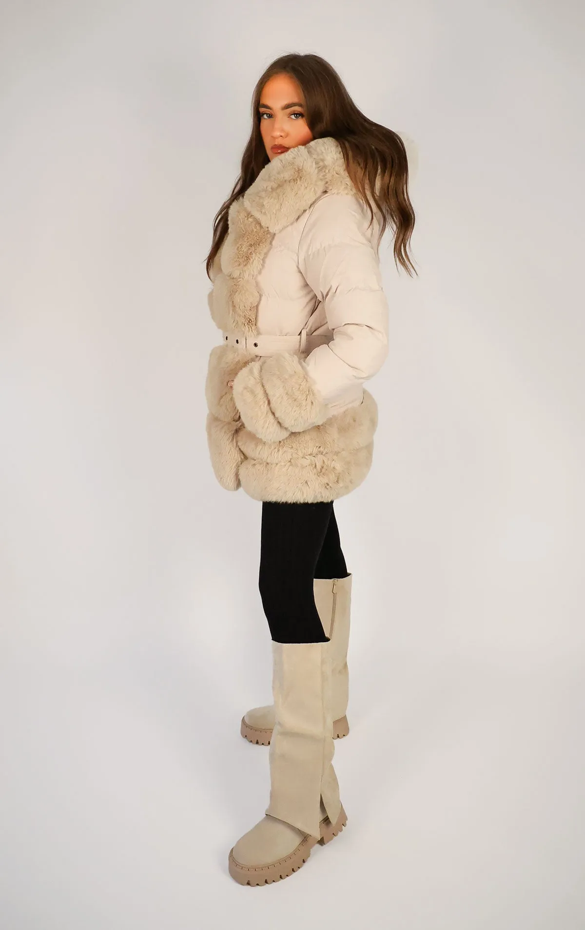 Beige Faux Fur Trim Puffer Hooded Coat