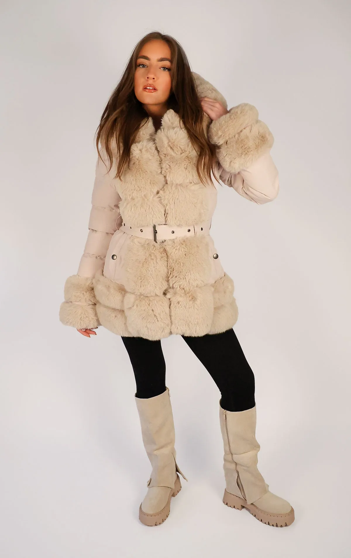 Beige Faux Fur Trim Puffer Hooded Coat