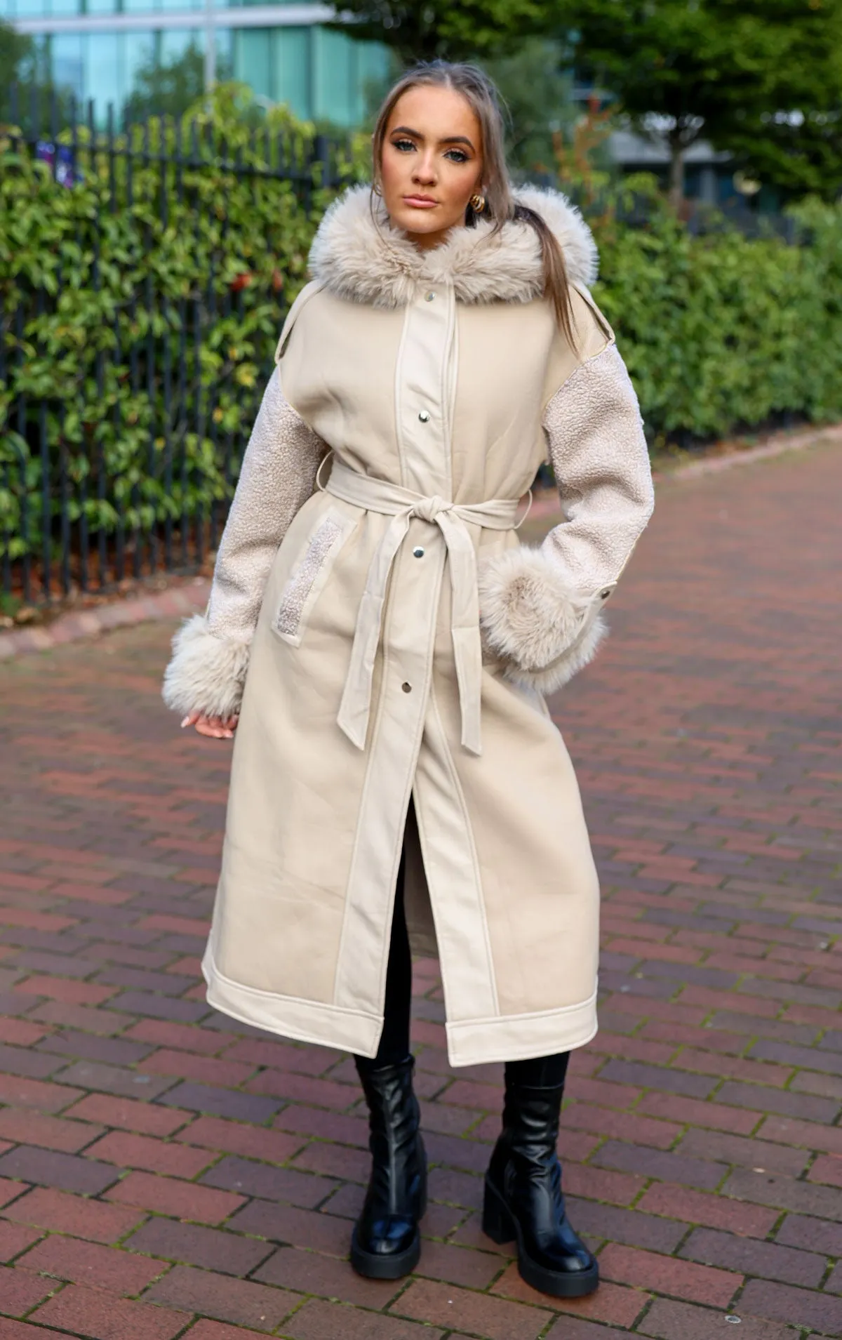 Beige PU Leather Long Aviator Trench Coat With Fur Lining