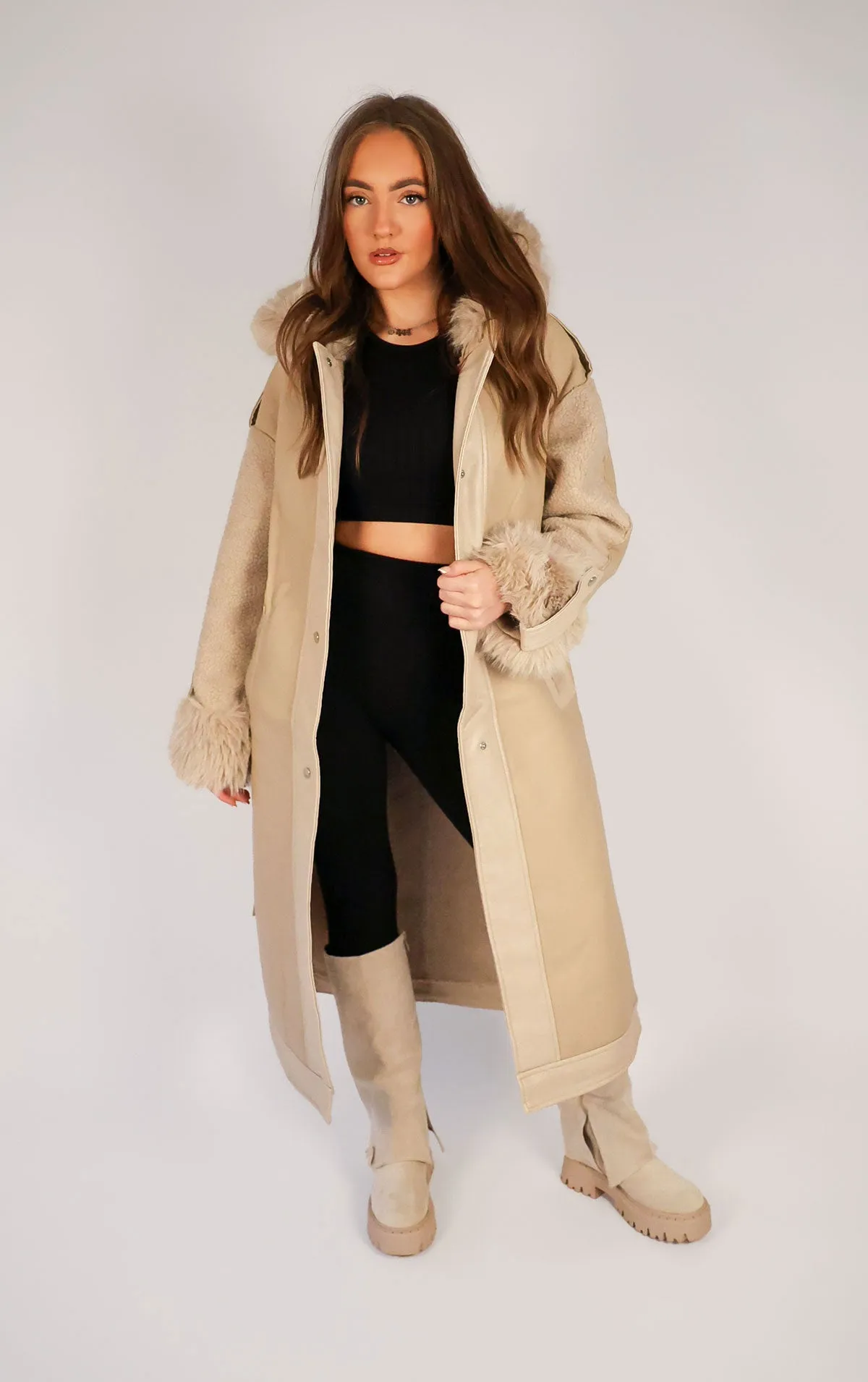 Beige PU Leather Long Aviator Trench Coat With Fur Lining