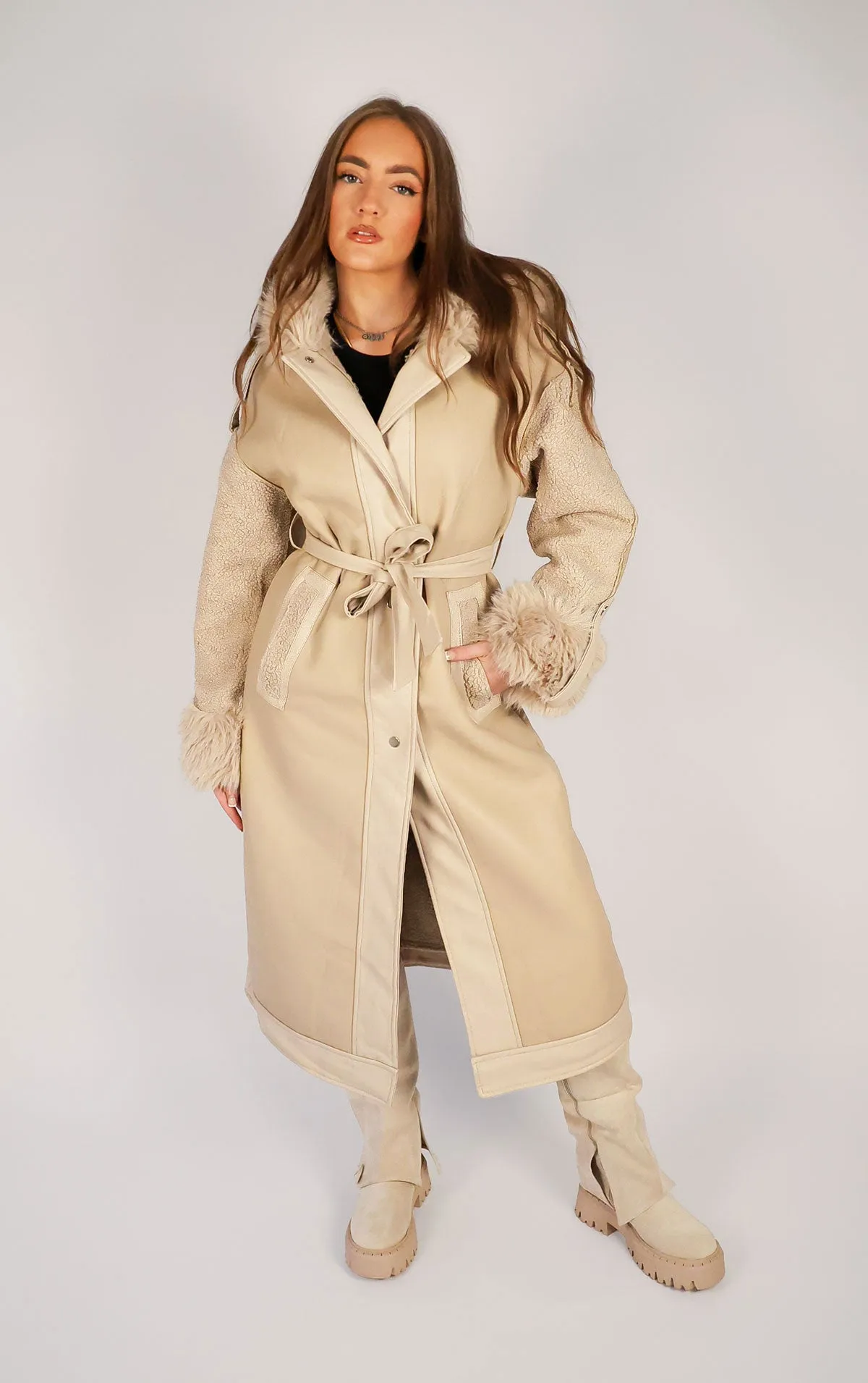 Beige PU Leather Long Aviator Trench Coat With Fur Lining