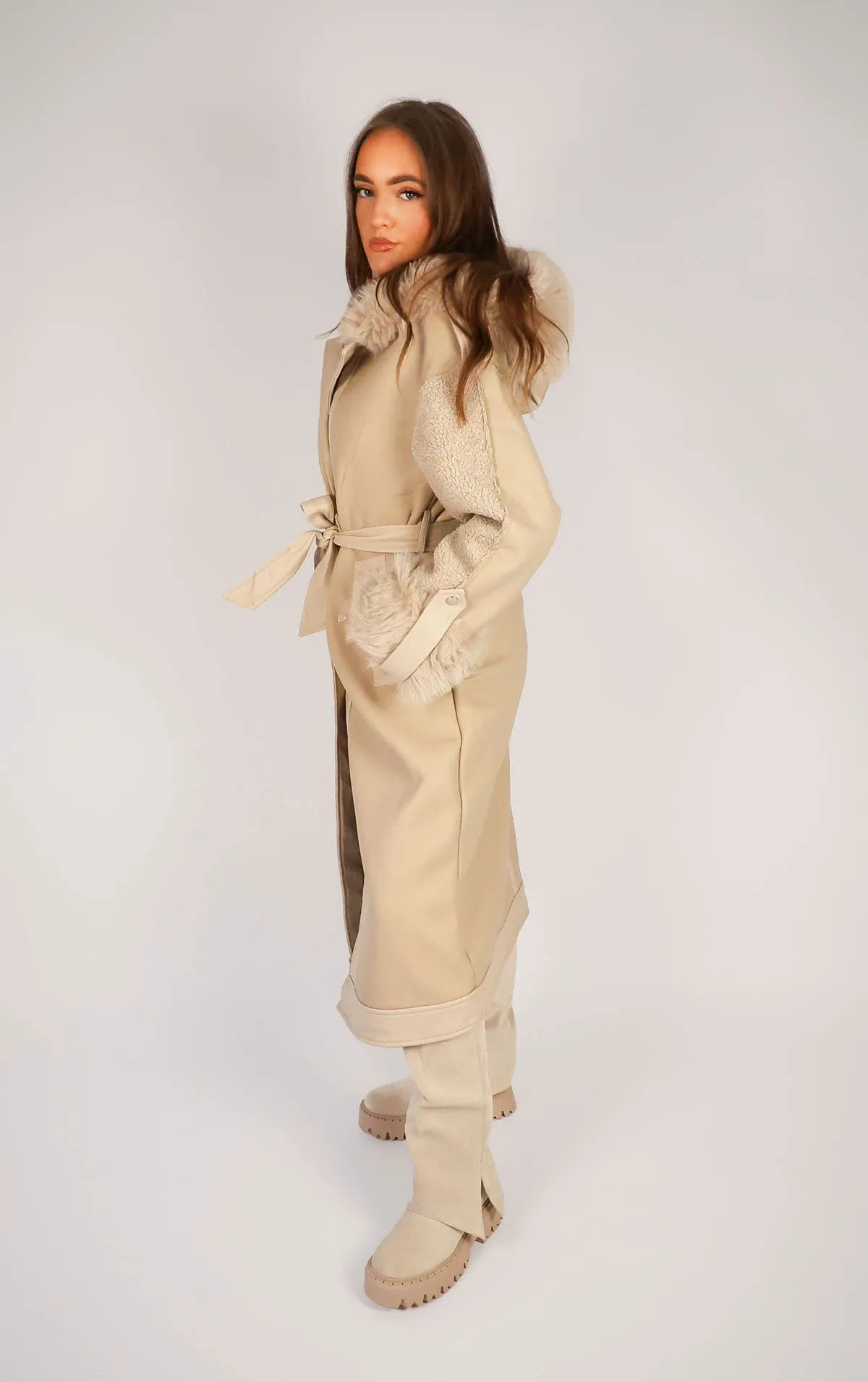 Beige PU Leather Long Aviator Trench Coat With Fur Lining