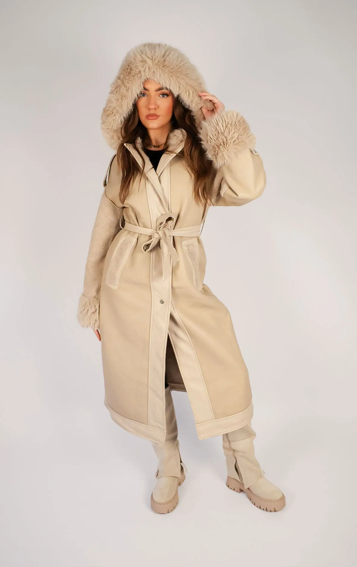 Beige PU Leather Long Aviator Trench Coat With Fur Lining