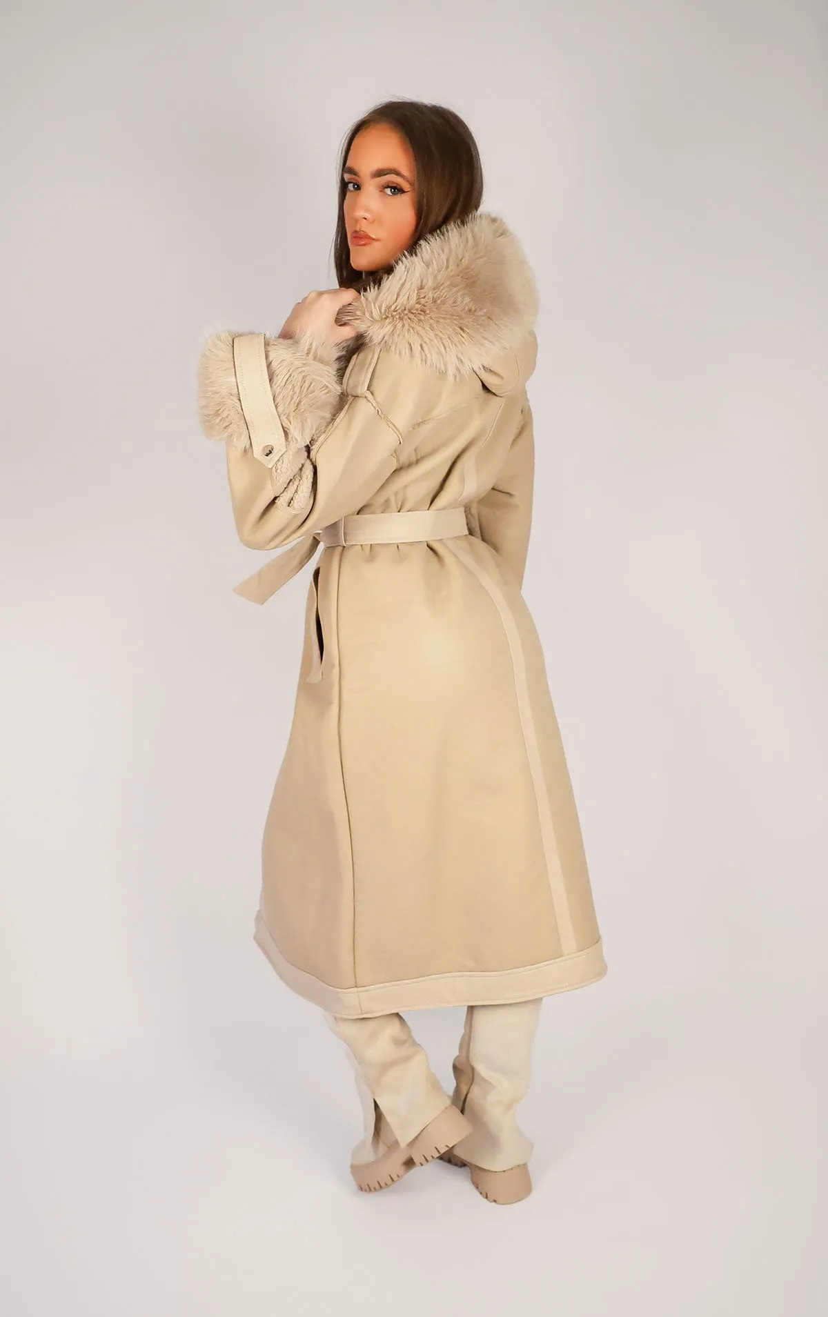 Beige PU Leather Long Aviator Trench Coat With Fur Lining