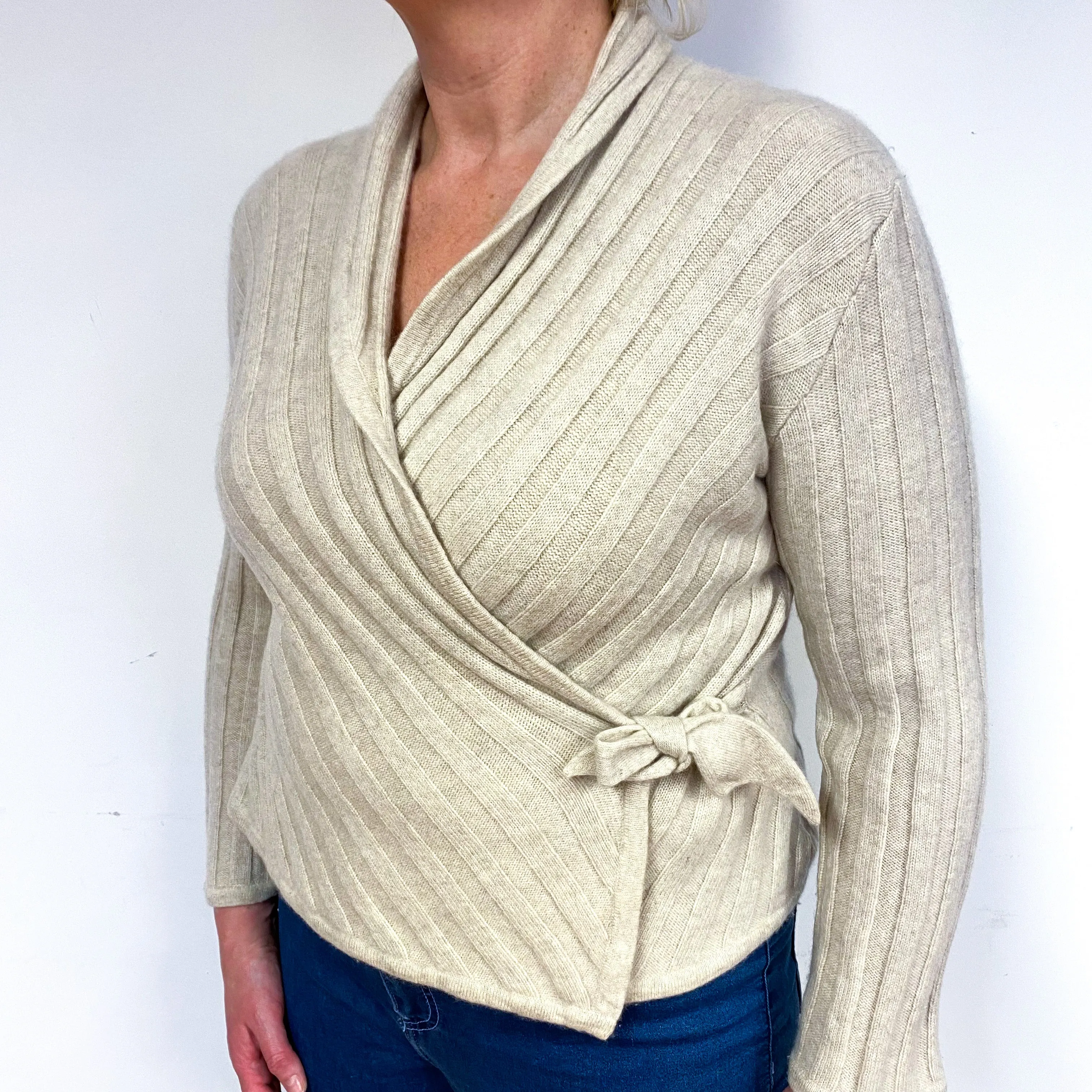 Beige Ribbed Cross-Over Cashmere V-Neck Jumper Large