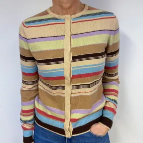 Beige Striped Cashmere Crew Neck Cardigan Medium