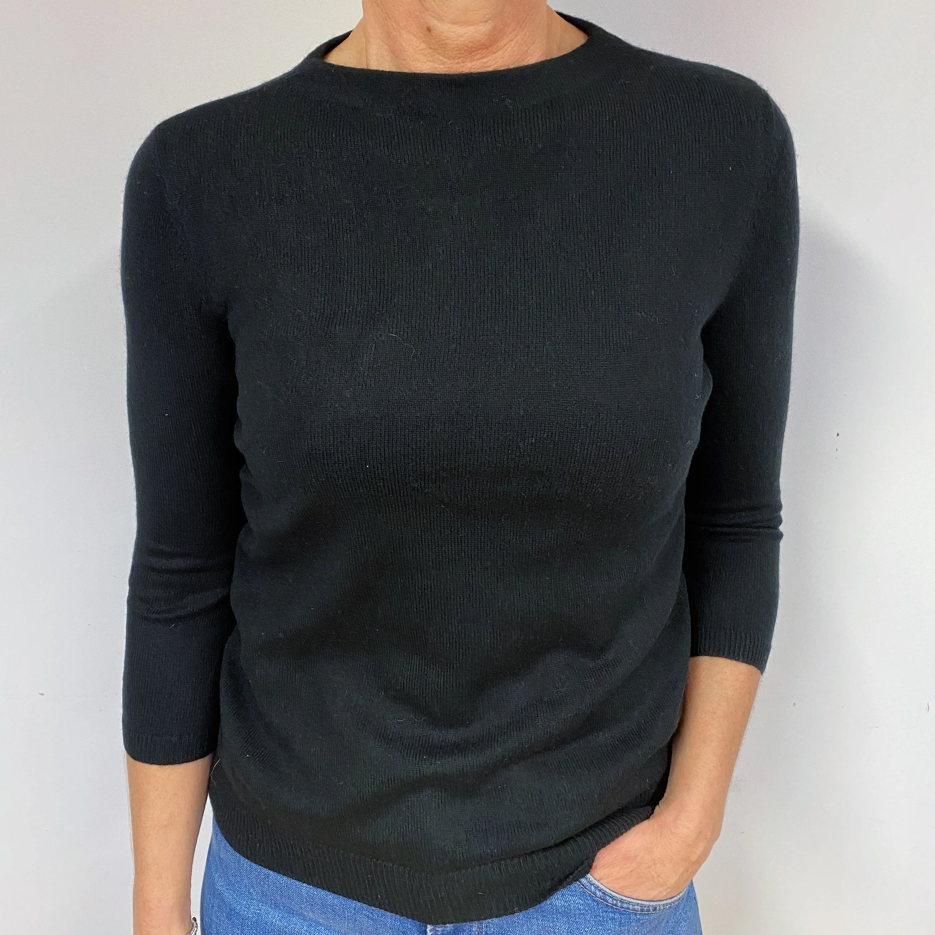 Black 3/4 Sleeve Cashmere Crew Neck Jumper Medium/Petite