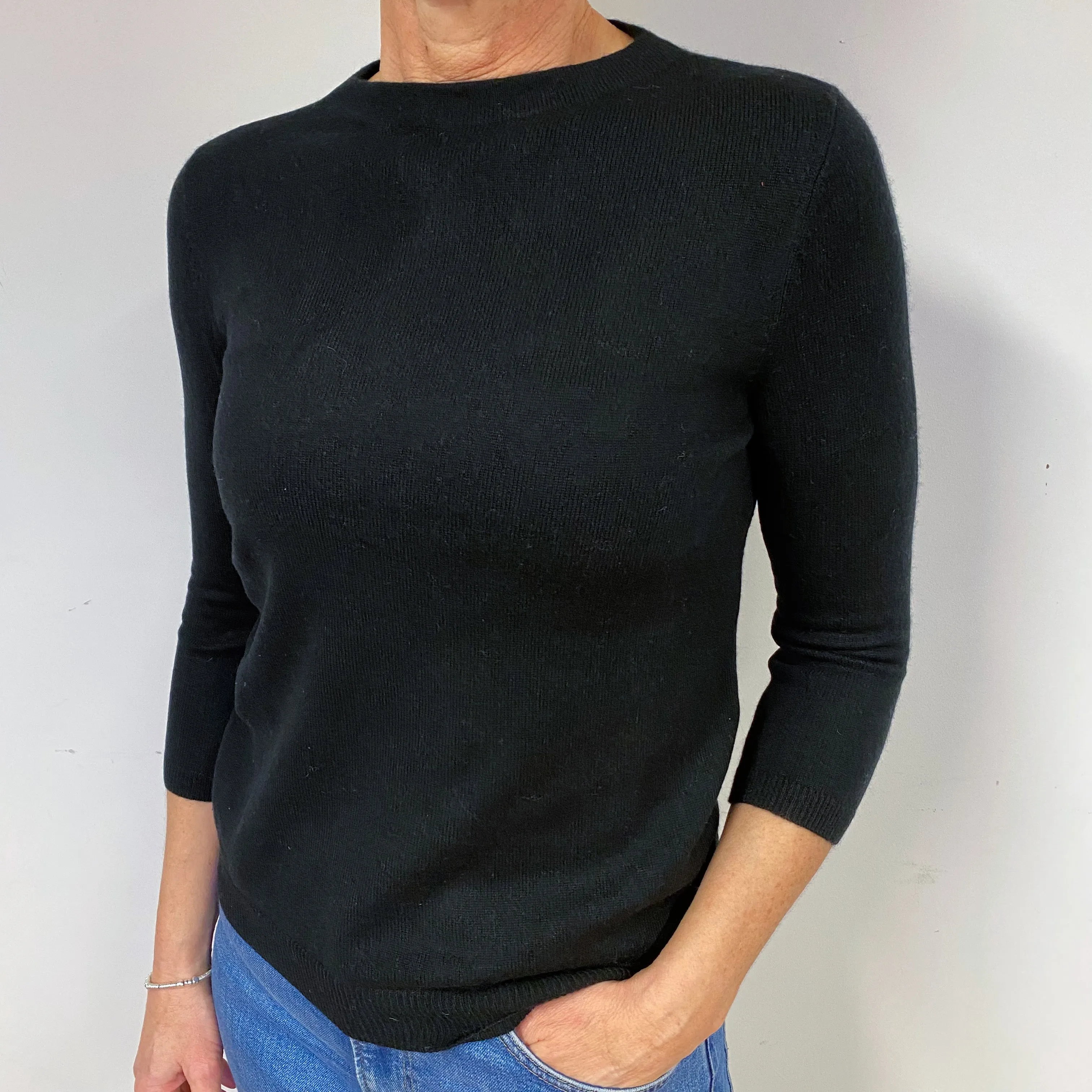 Black 3/4 Sleeve Cashmere Crew Neck Jumper Medium/Petite