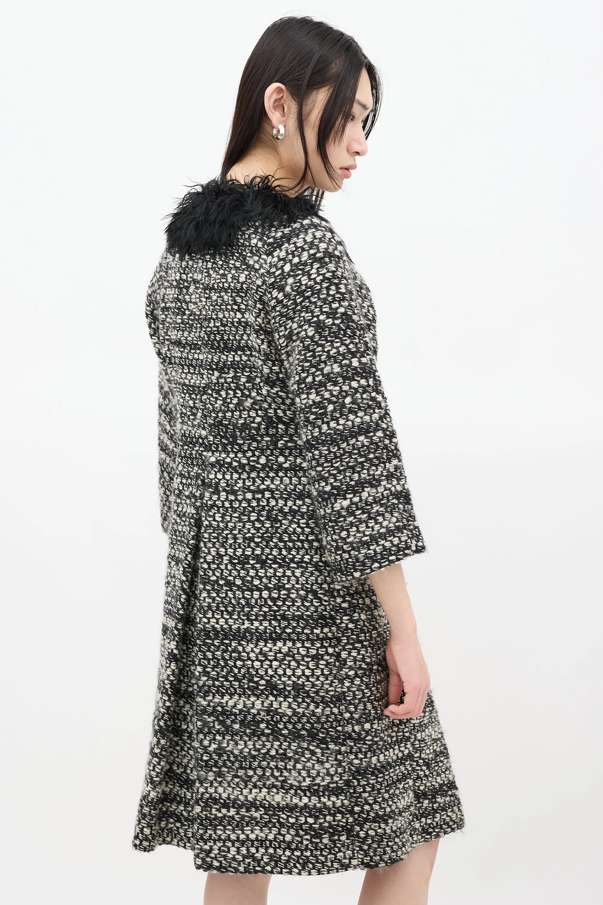 Black & White Wool Woven Fur Trim Coat