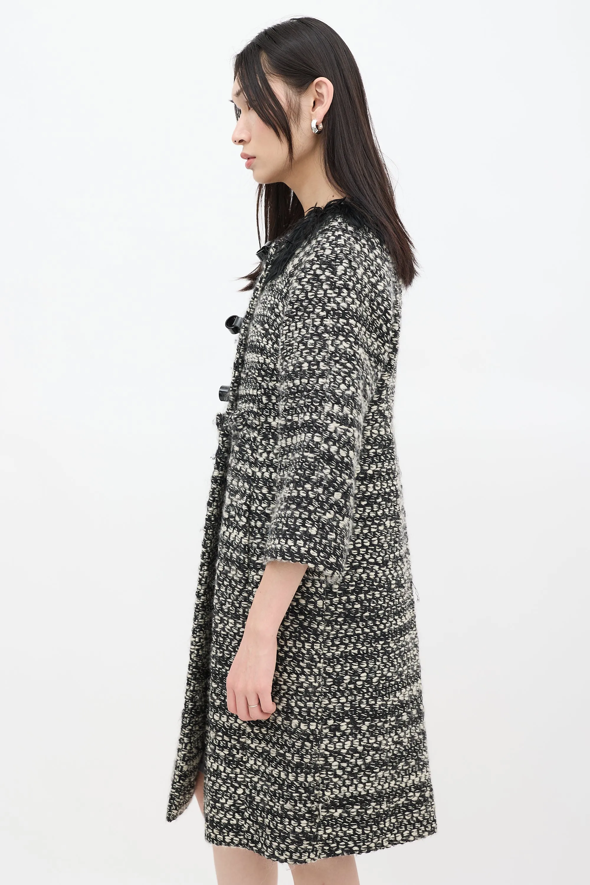 Black & White Wool Woven Fur Trim Coat