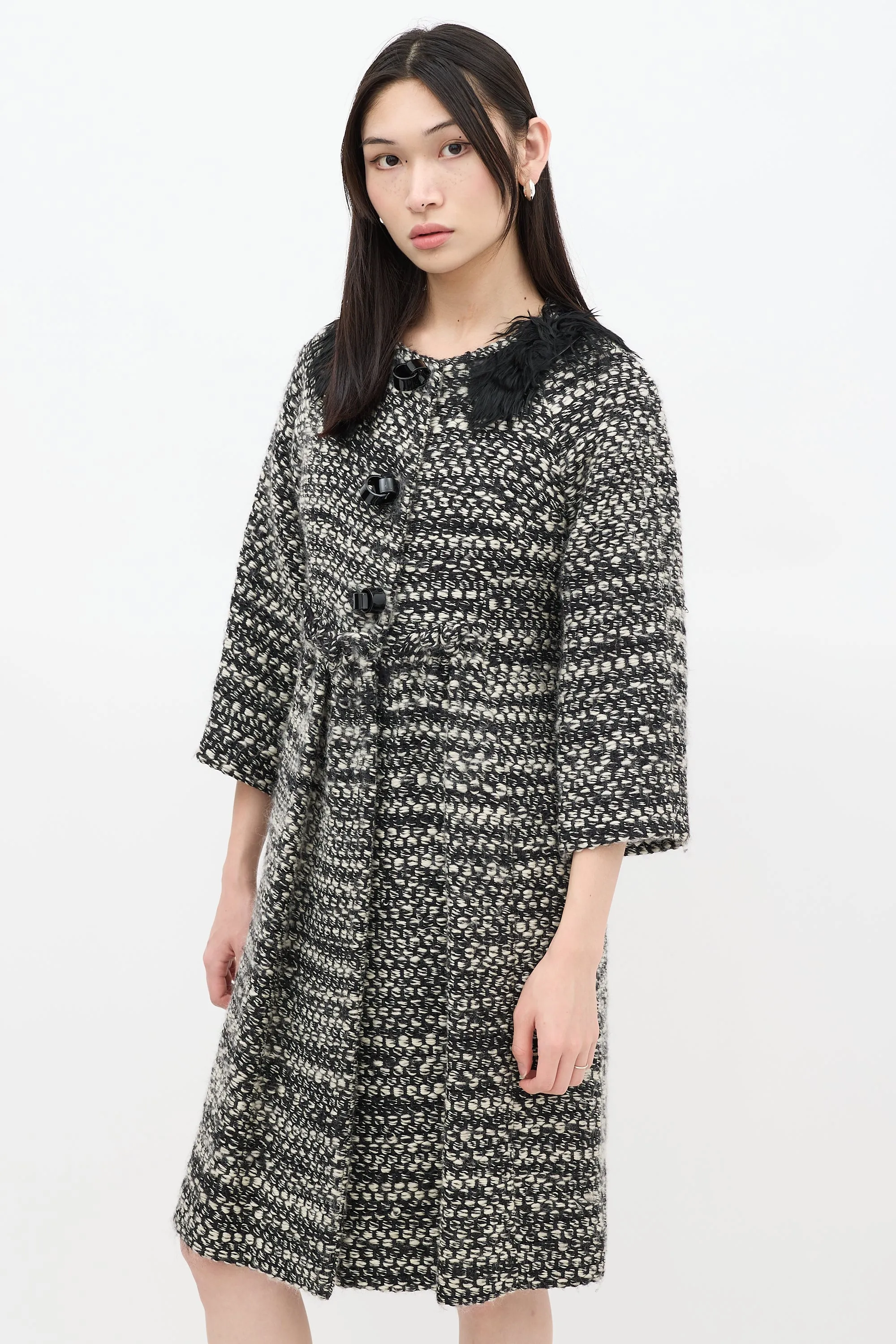 Black & White Wool Woven Fur Trim Coat