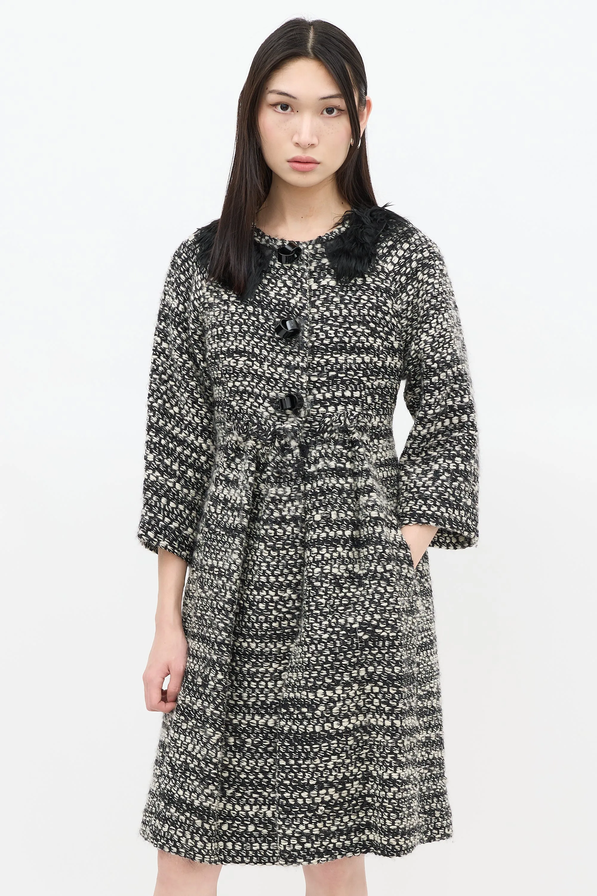 Black & White Wool Woven Fur Trim Coat