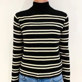 Black and Winter White Striped Cashmere Turtle Neck Jumper Small