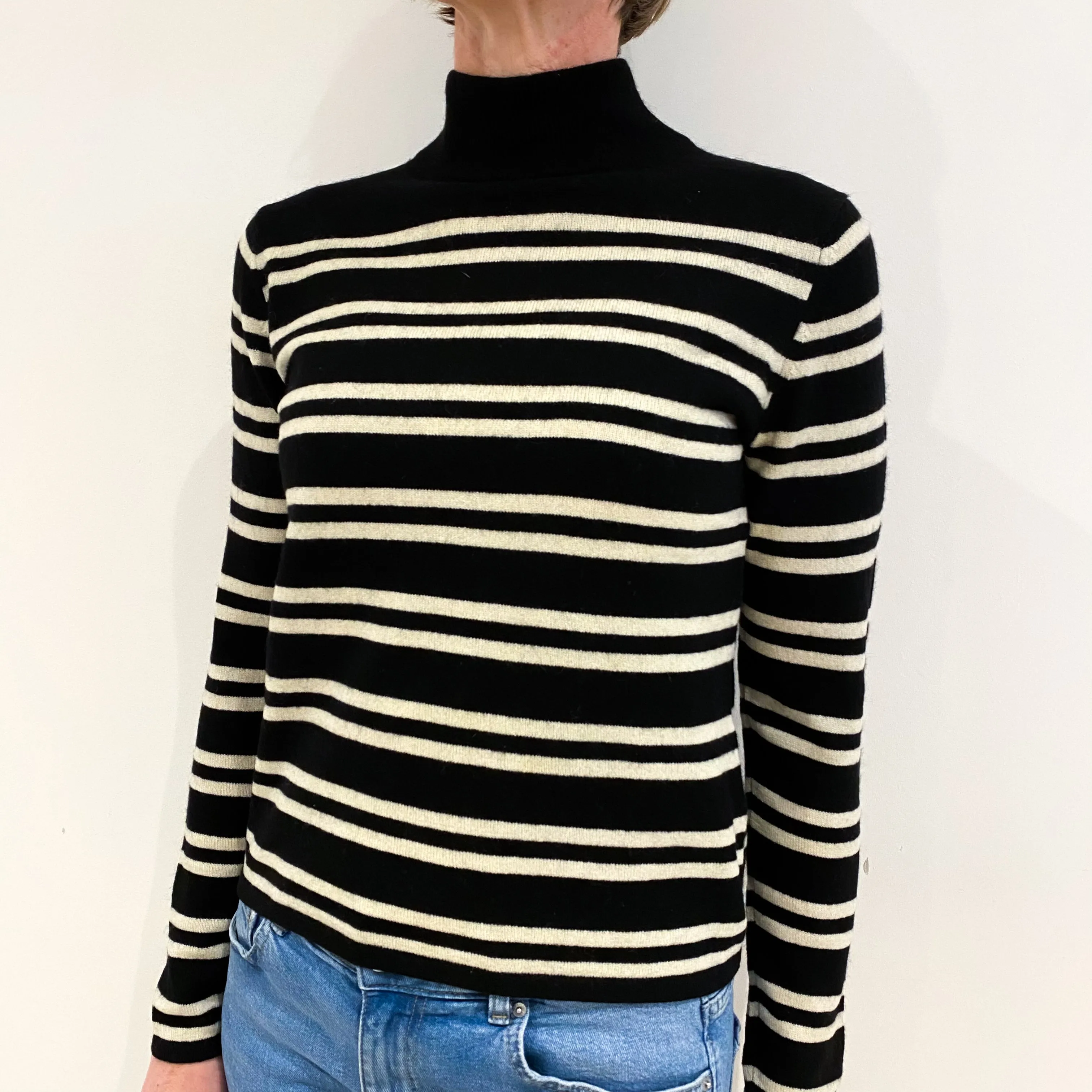 Black and Winter White Striped Cashmere Turtle Neck Jumper Small