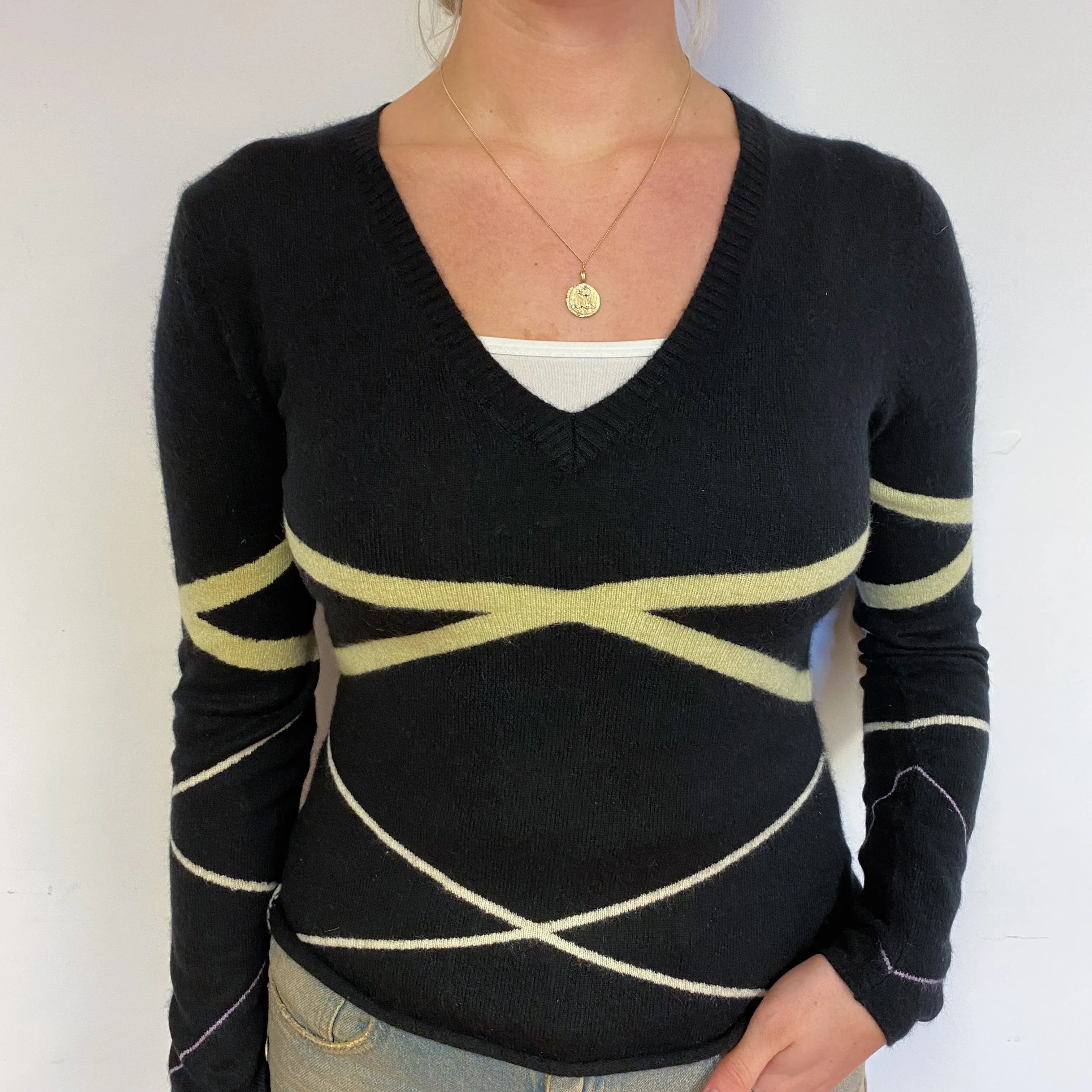 Black and Yellow Cashmere V-Neck Jumper Small