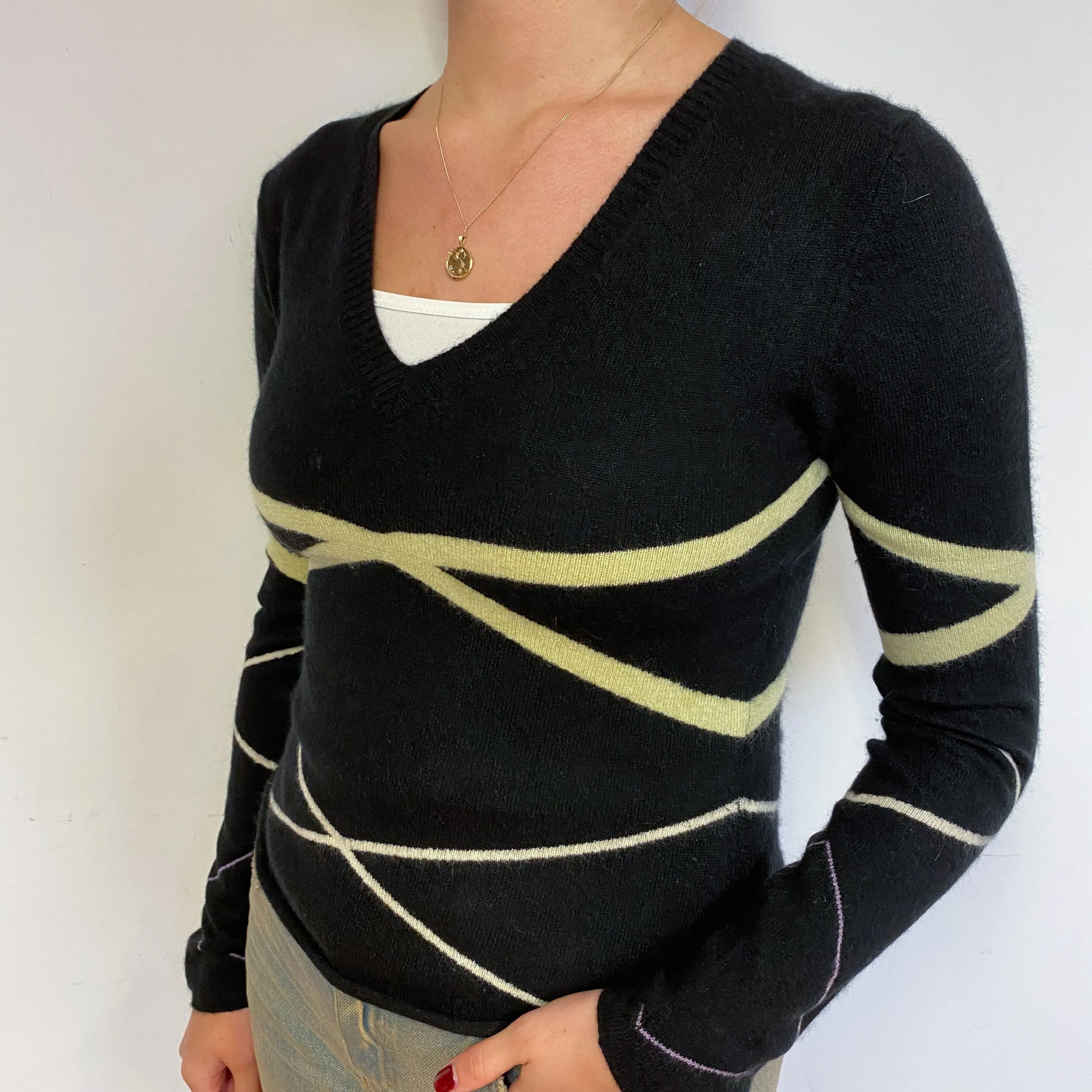 Black and Yellow Cashmere V-Neck Jumper Small