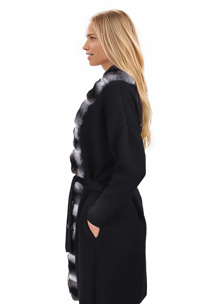 Black Chinchilla Fur Trim Cardigan Coat