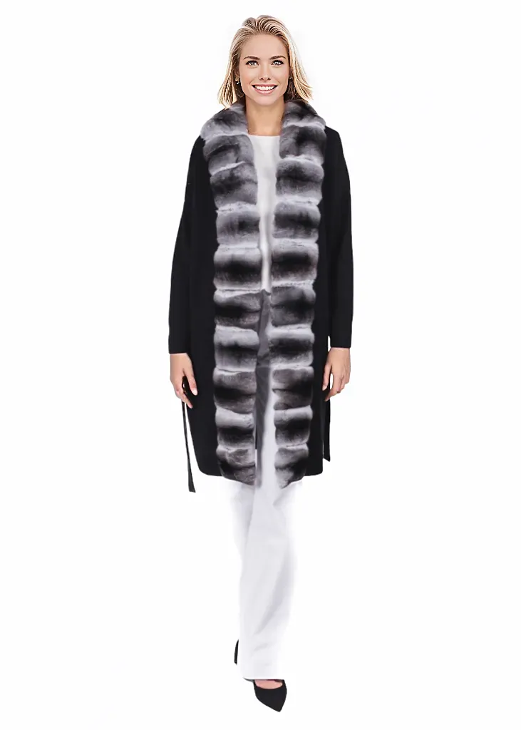 Black Chinchilla Fur Trim Cardigan Coat