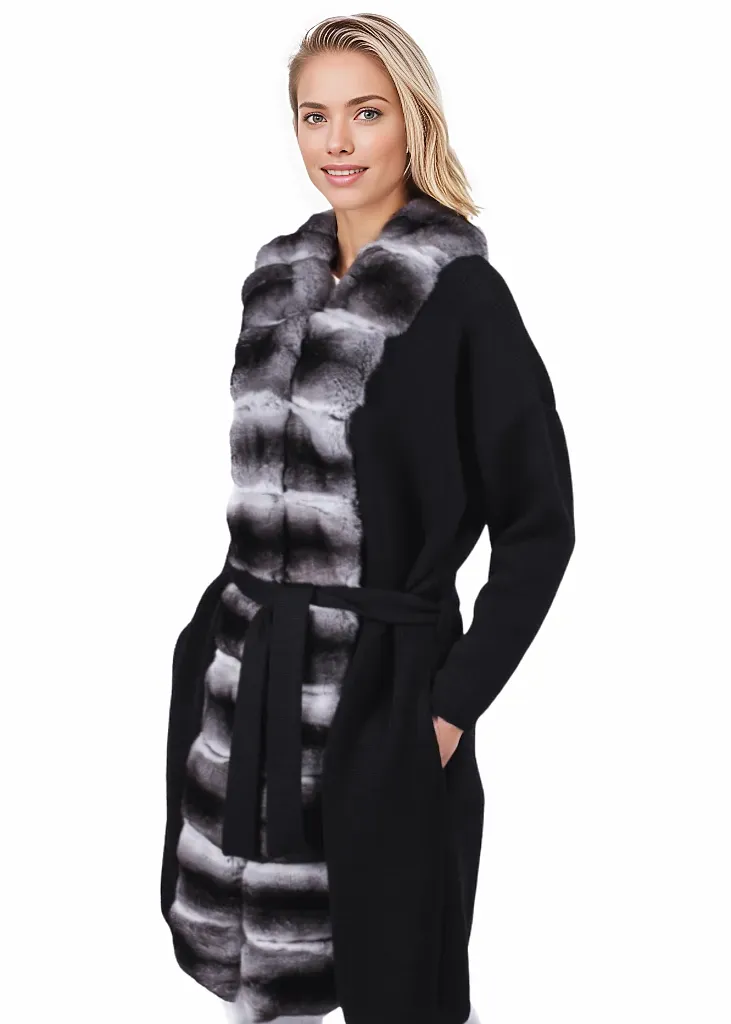 Black Chinchilla Fur Trim Cardigan Coat