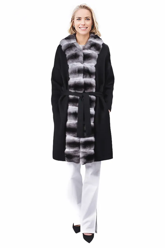 Black Chinchilla Fur Trim Cardigan Coat